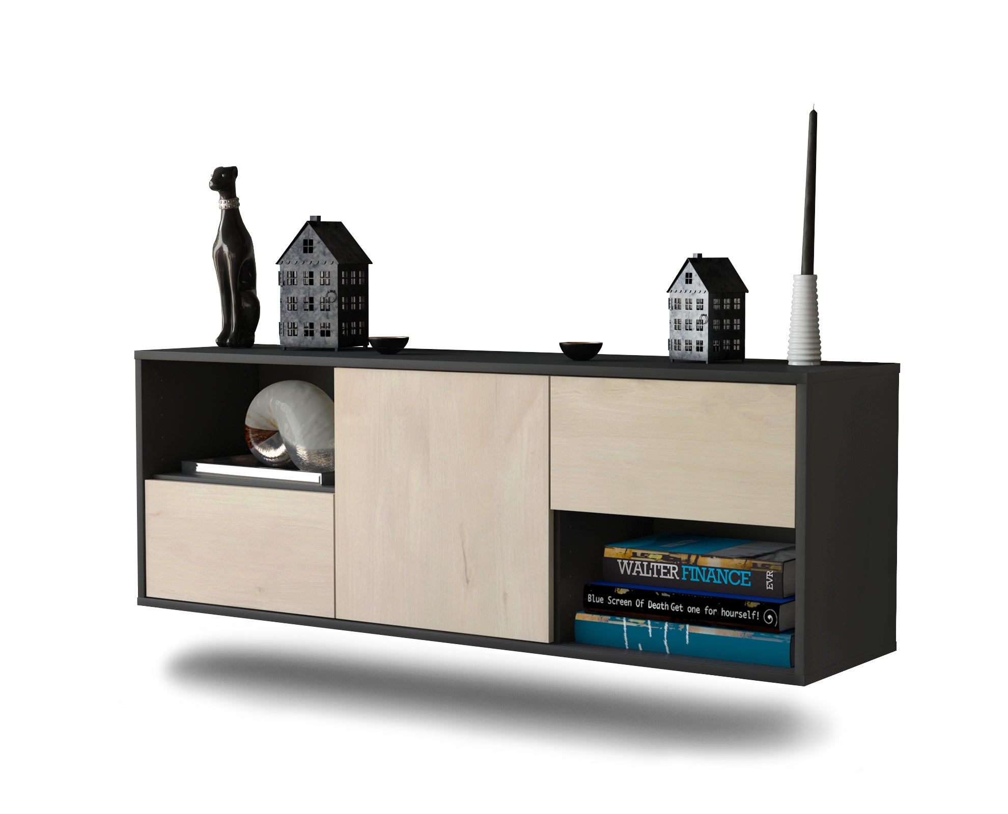 Lowboard - Ambra - Design Holzdekor - Wandmontage mit Push to Open 136 cm Anthrazit