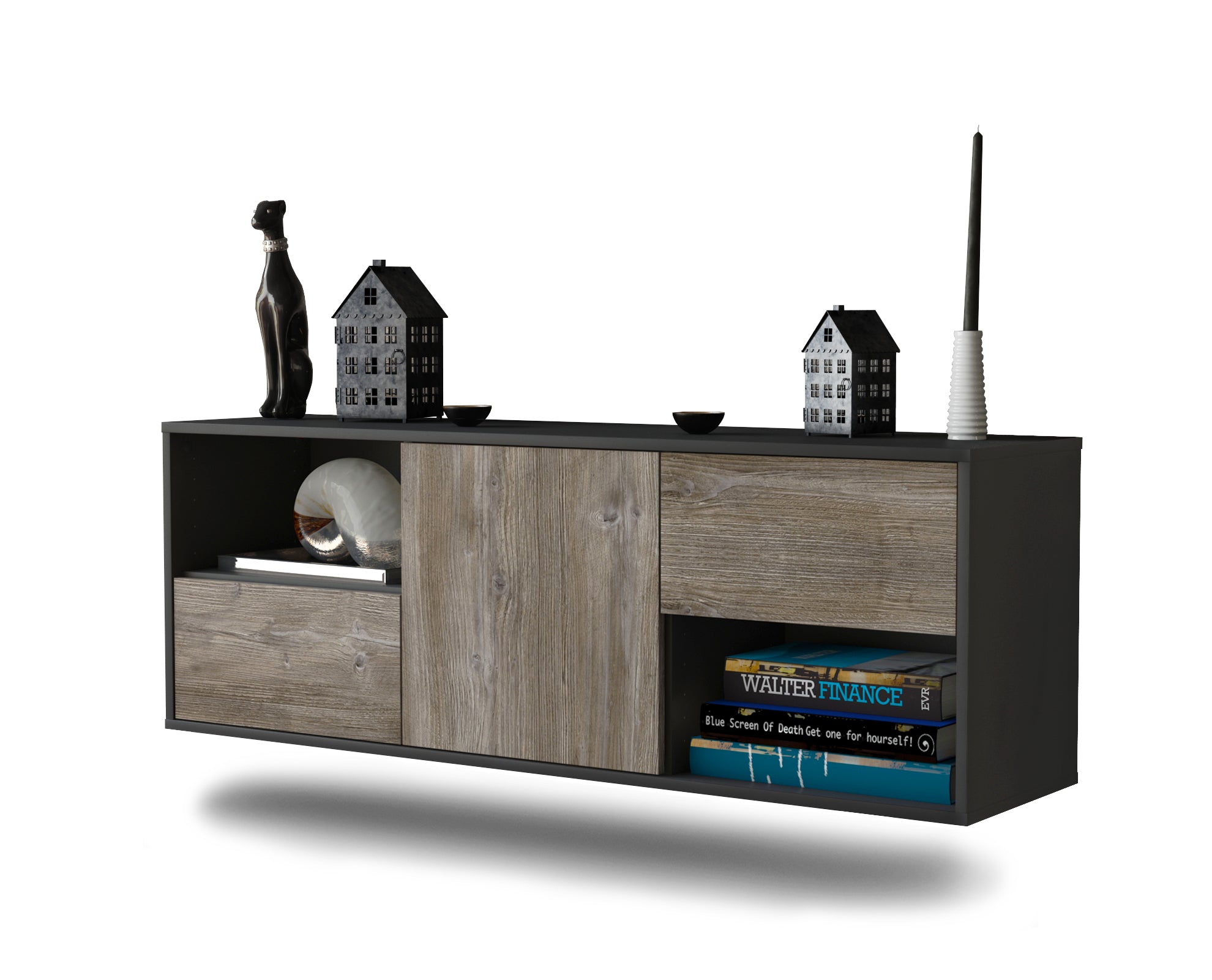 Lowboard - Ambra - Design Holzdekor - Wandmontage mit Push to Open 136 cm Anthrazit