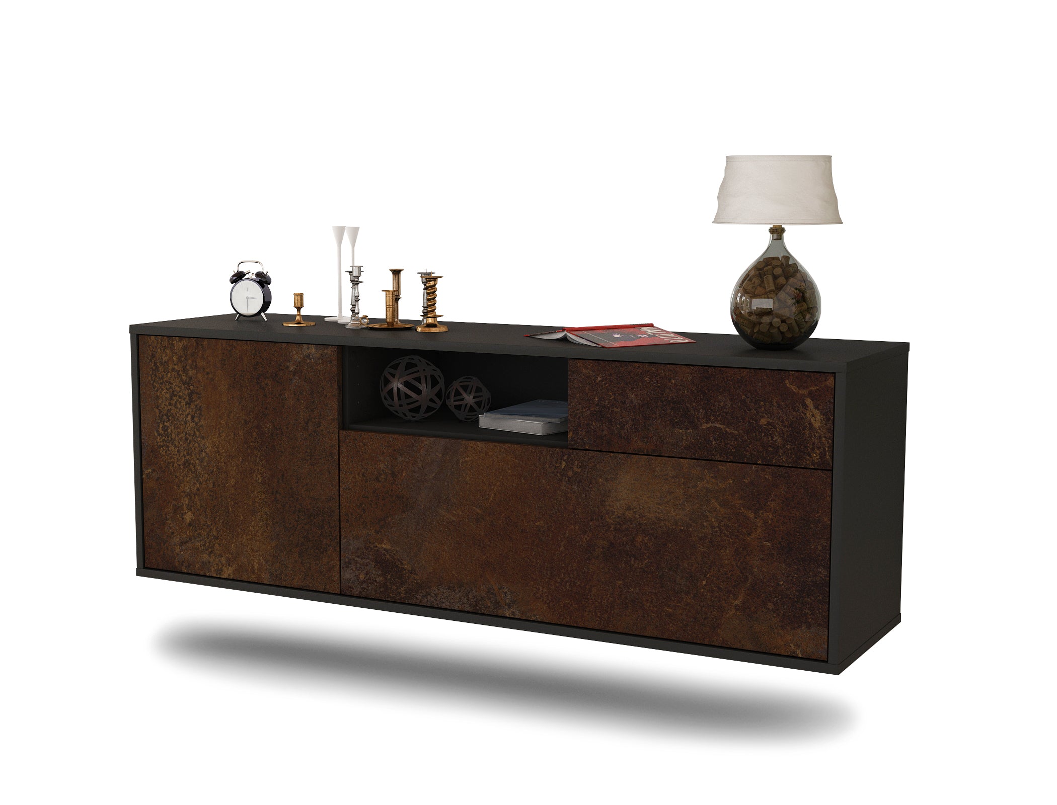 Lowboard - Amila - Design Industrie Stil - Wandmontage mit Push to Open 136 cm Anthrazit
