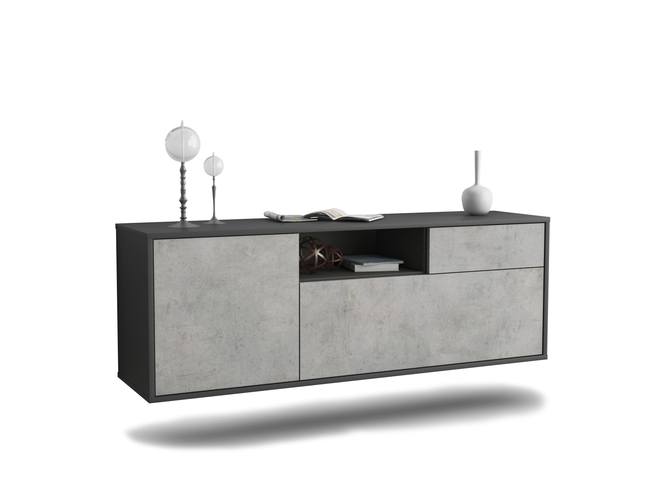 Lowboard - Amila - Design Industrie Stil - Wandmontage mit Push to Open 136 cm Anthrazit