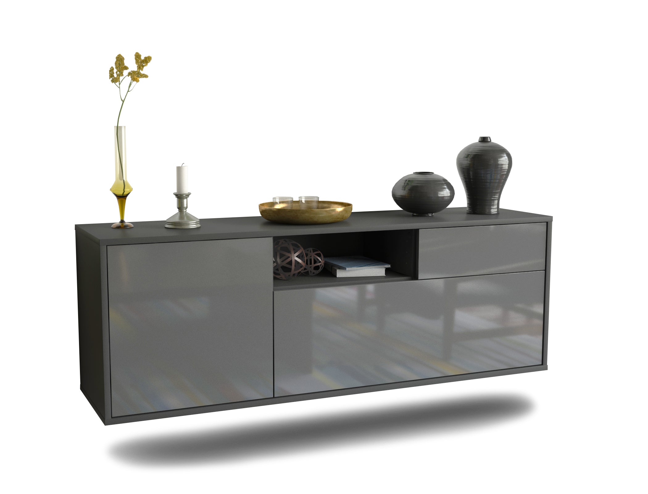 Lowboard - Amila - Design Hochglanz - Wandmontage mit Push to Open 136 cm Anthrazit
