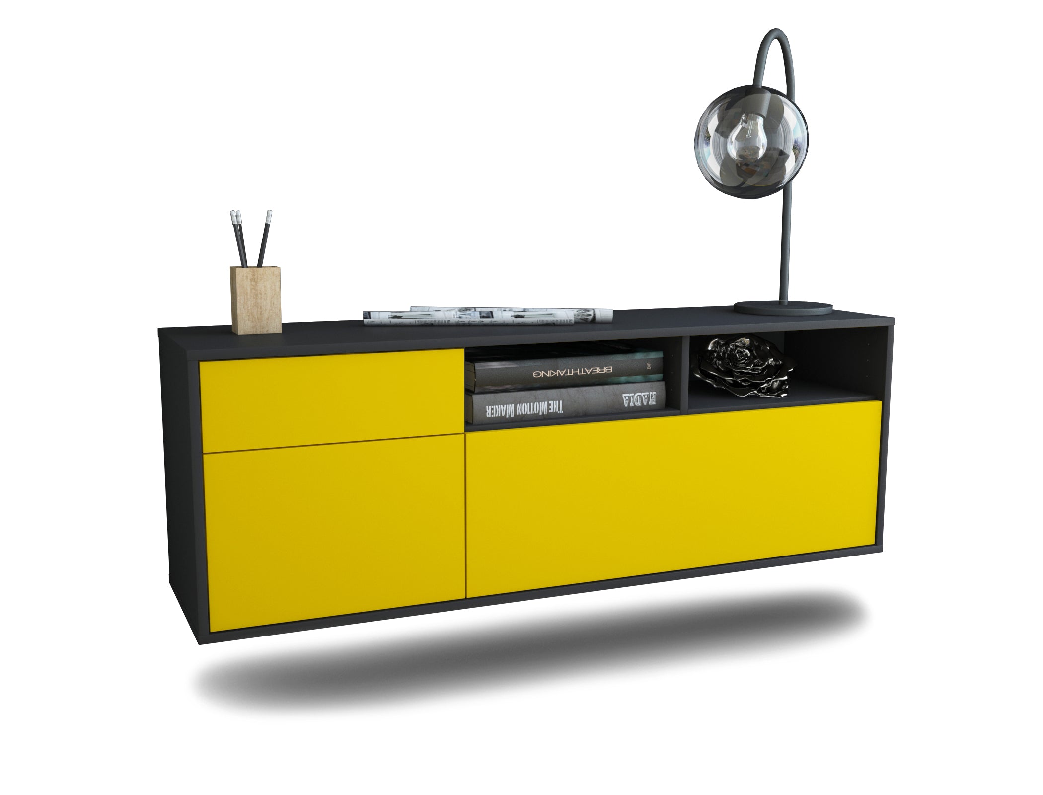 Lowboard - Amisa - Design Farbakzent - Wandmontage mit Push to Open 136 cm Anthrazit