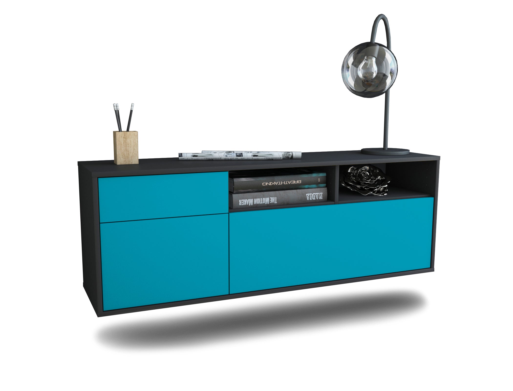 Lowboard - Amisa - Design Farbakzent - Wandmontage mit Push to Open 136 cm Anthrazit