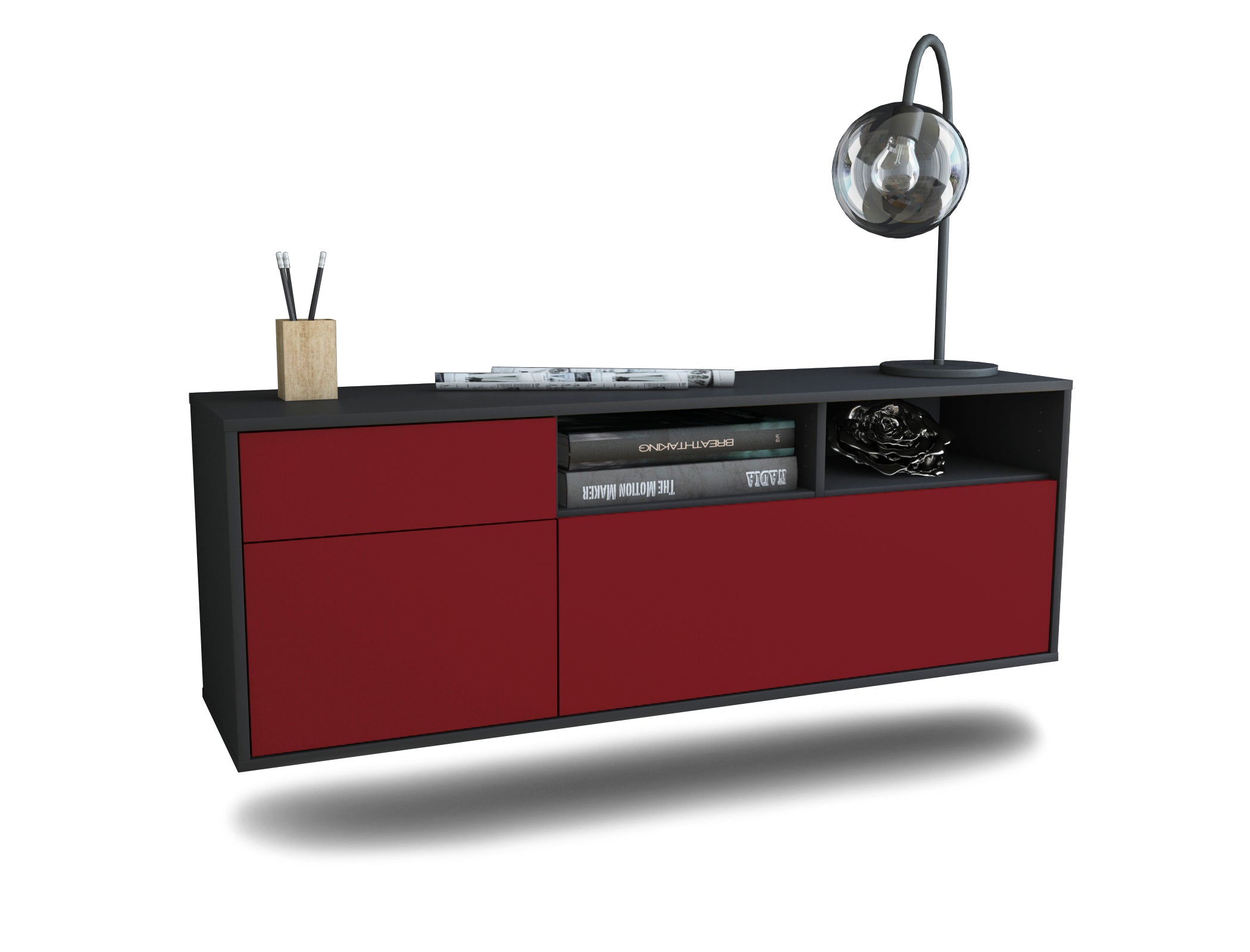 Lowboard - Amisa - Design Farbakzent - Wandmontage mit Push to Open 136 cm Anthrazit