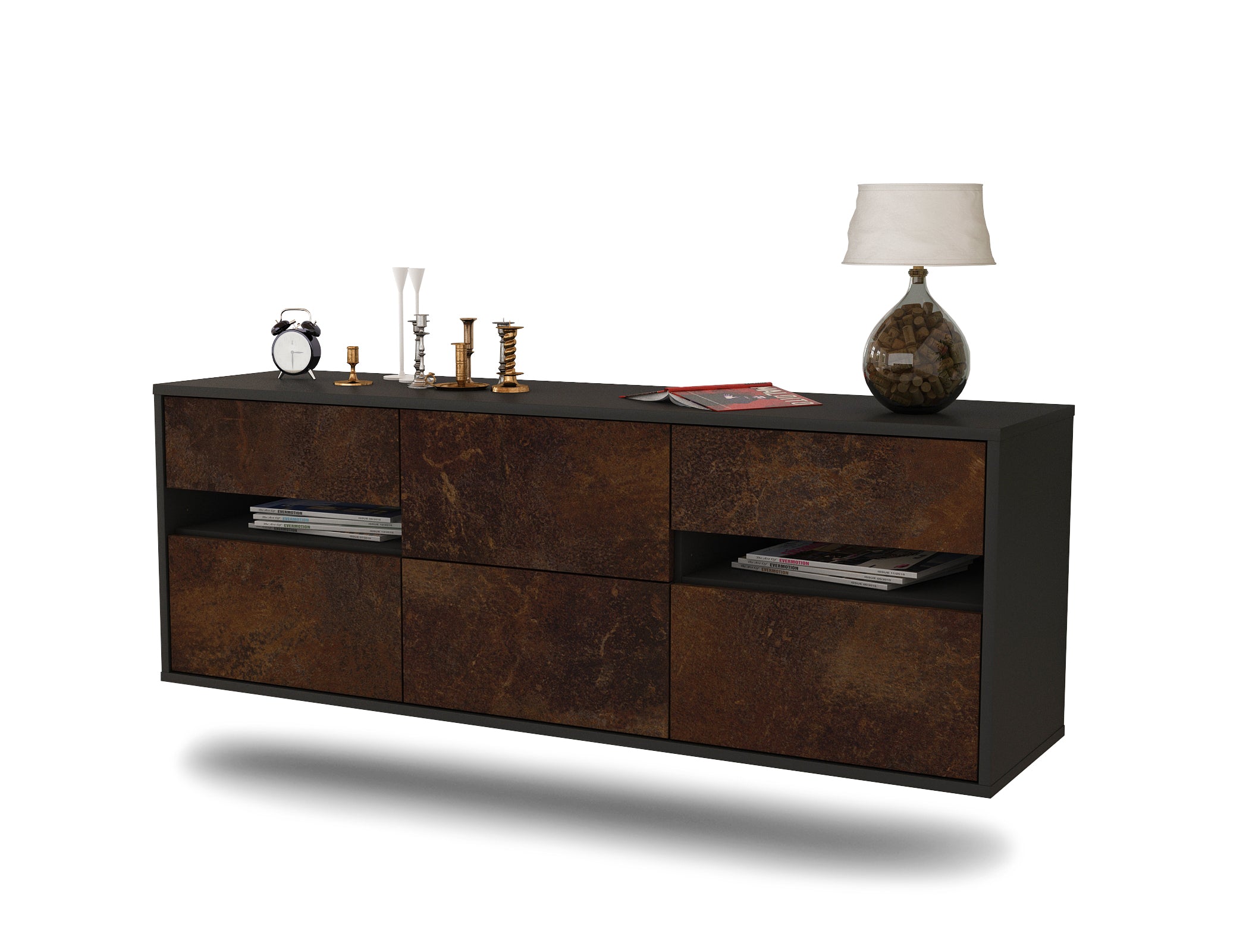 Lowboard - Andreana - Design Industrie Stil - Wandmontage mit Push to Open 136 cm Anthrazit