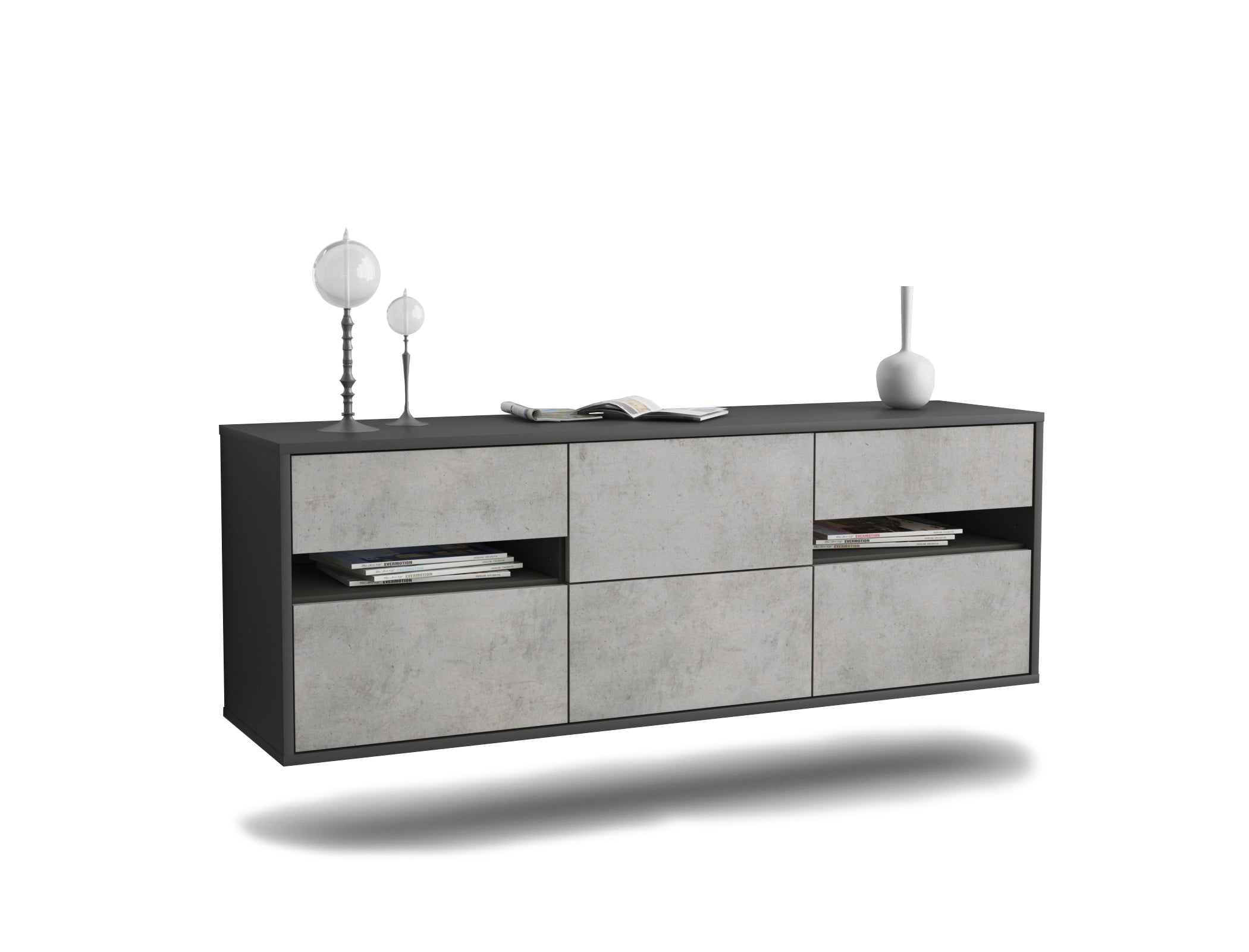 Lowboard - Andreana - Design Industrie Stil - Wandmontage mit Push to Open 136 cm Anthrazit