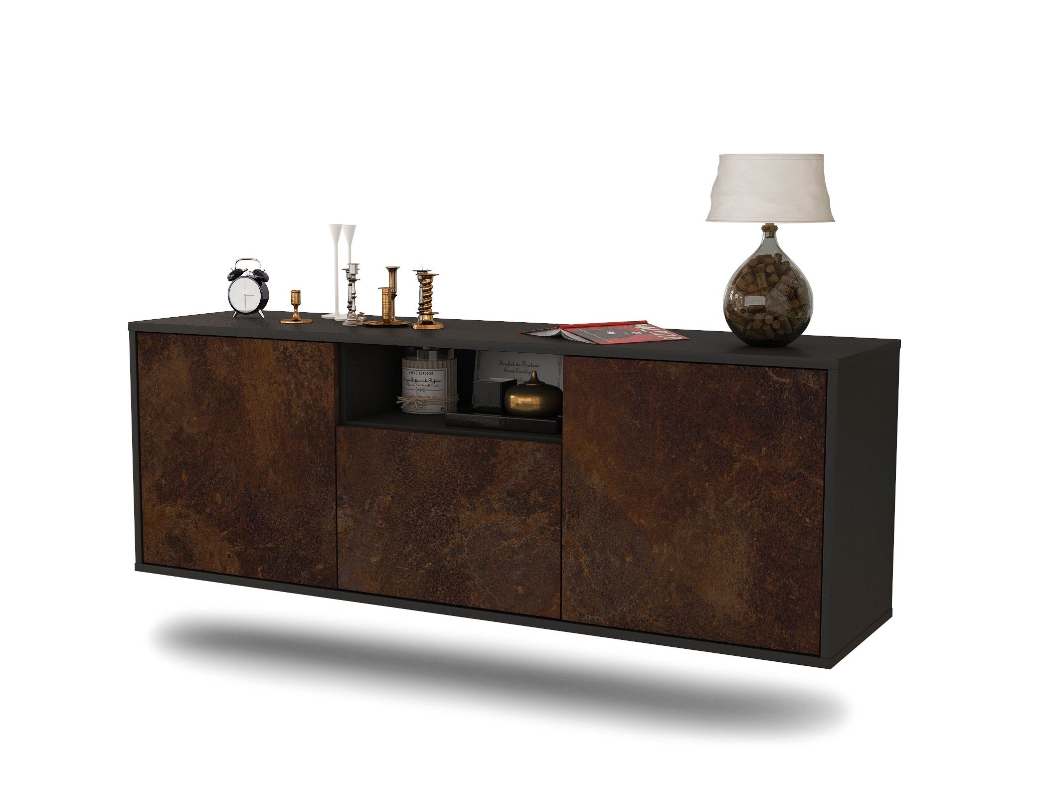 Lowboard - Andrina - Design Industrie Stil - Wandmontage mit Push to Open 136 cm Anthrazit