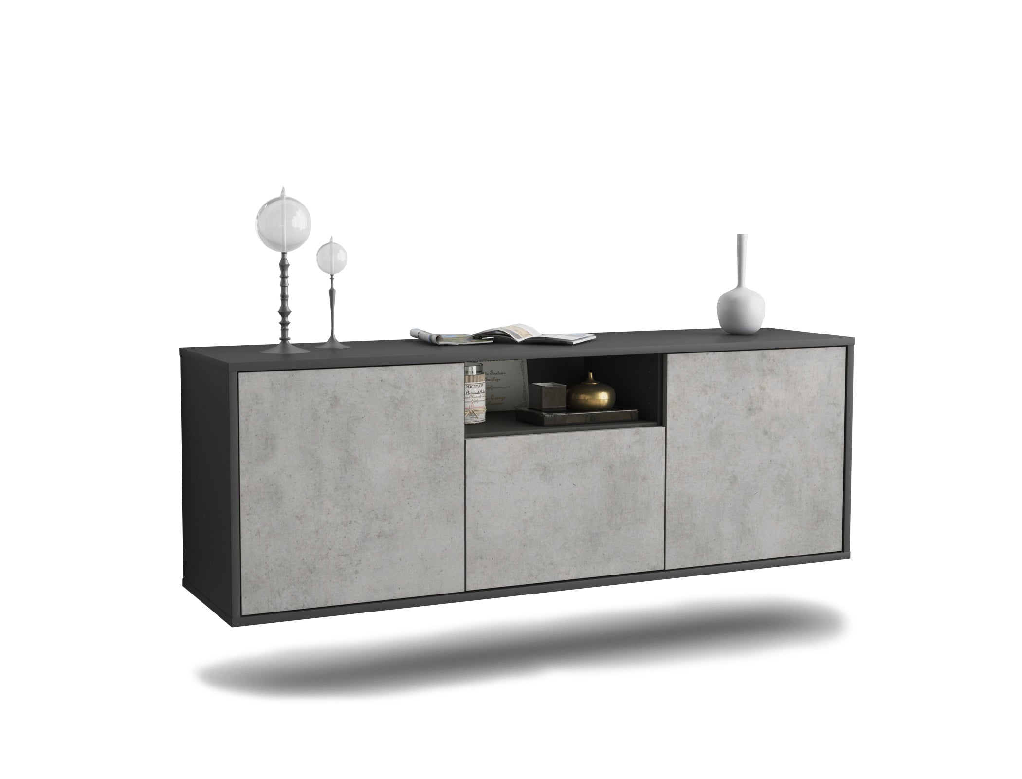 Lowboard - Andrina - Design Industrie Stil - Wandmontage mit Push to Open 136 cm Anthrazit