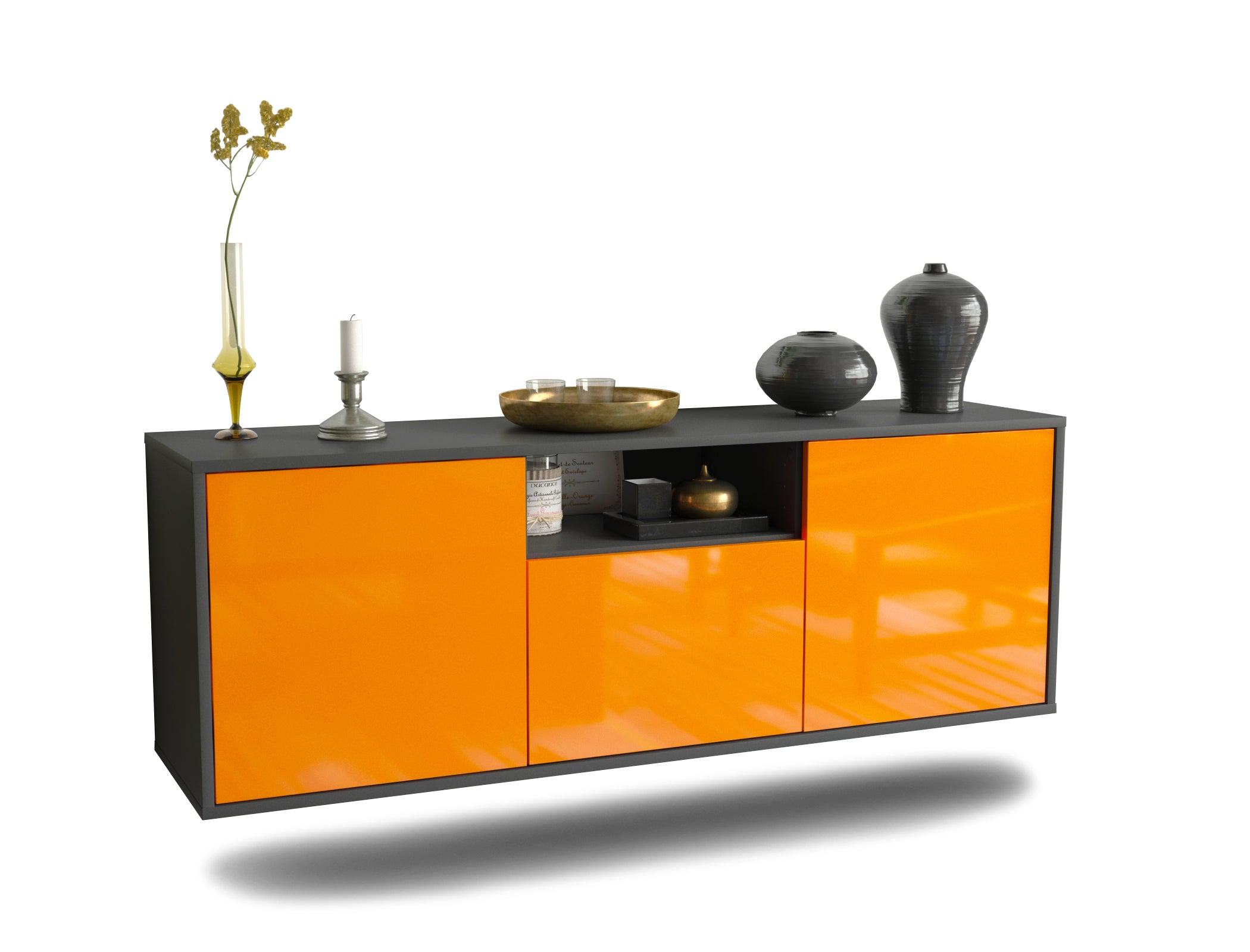 Lowboard - Andrina - Design Hochglanz - Wandmontage mit Push to Open 136 cm Anthrazit