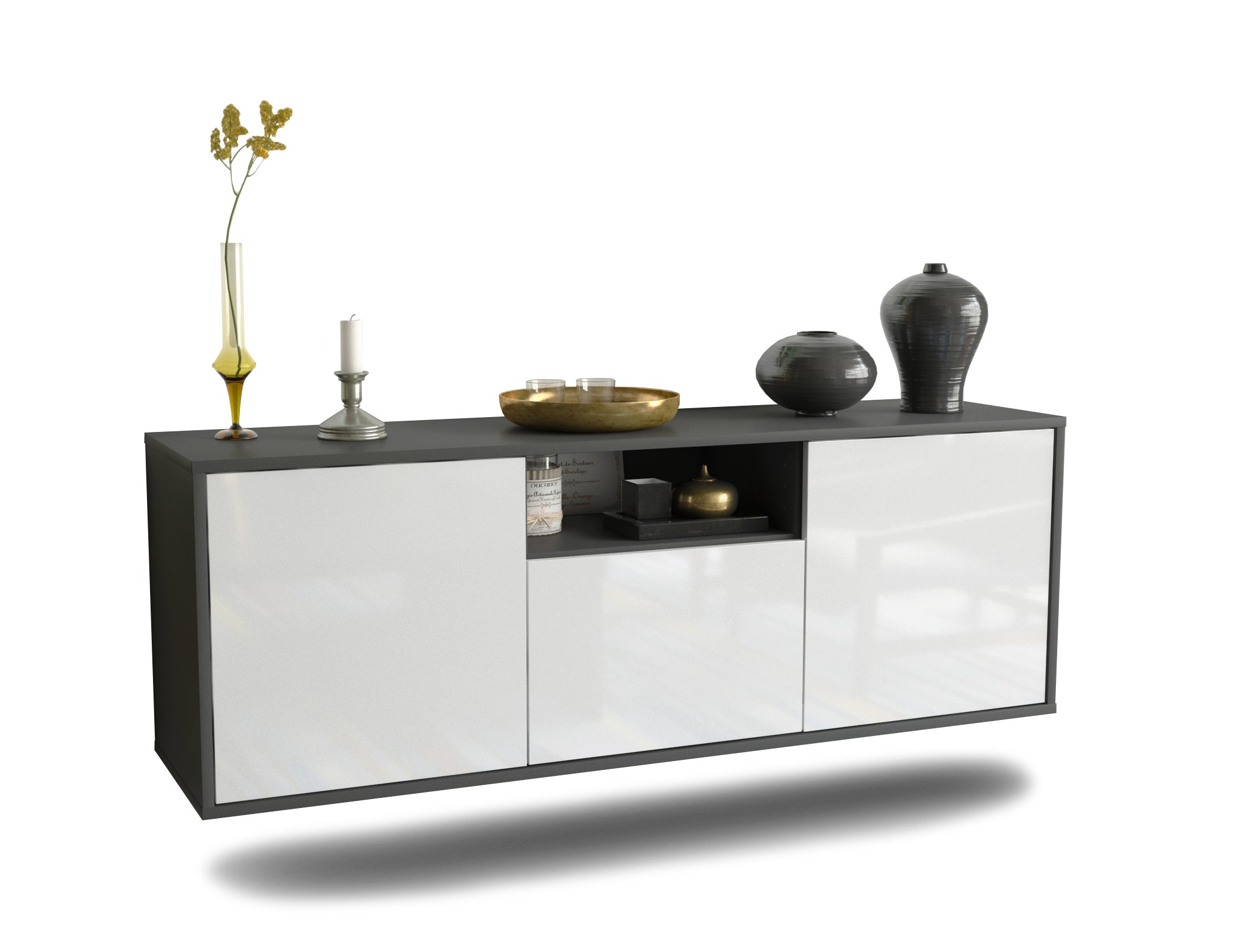 Lowboard - Andrina - Design Hochglanz - Wandmontage mit Push to Open 136 cm Anthrazit