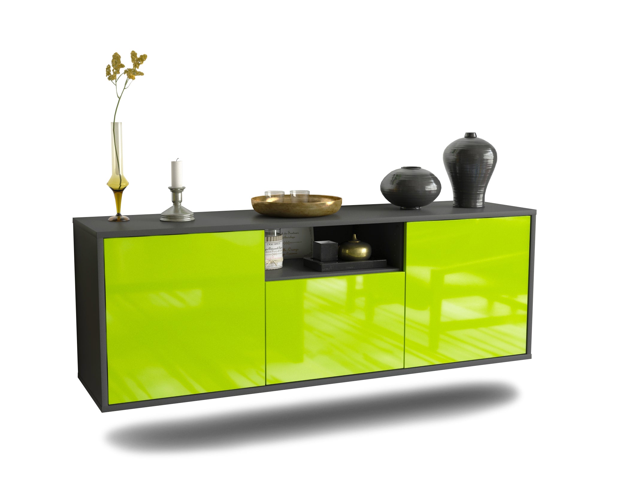 Lowboard - Andrina - Design Hochglanz - Wandmontage mit Push to Open 136 cm Anthrazit