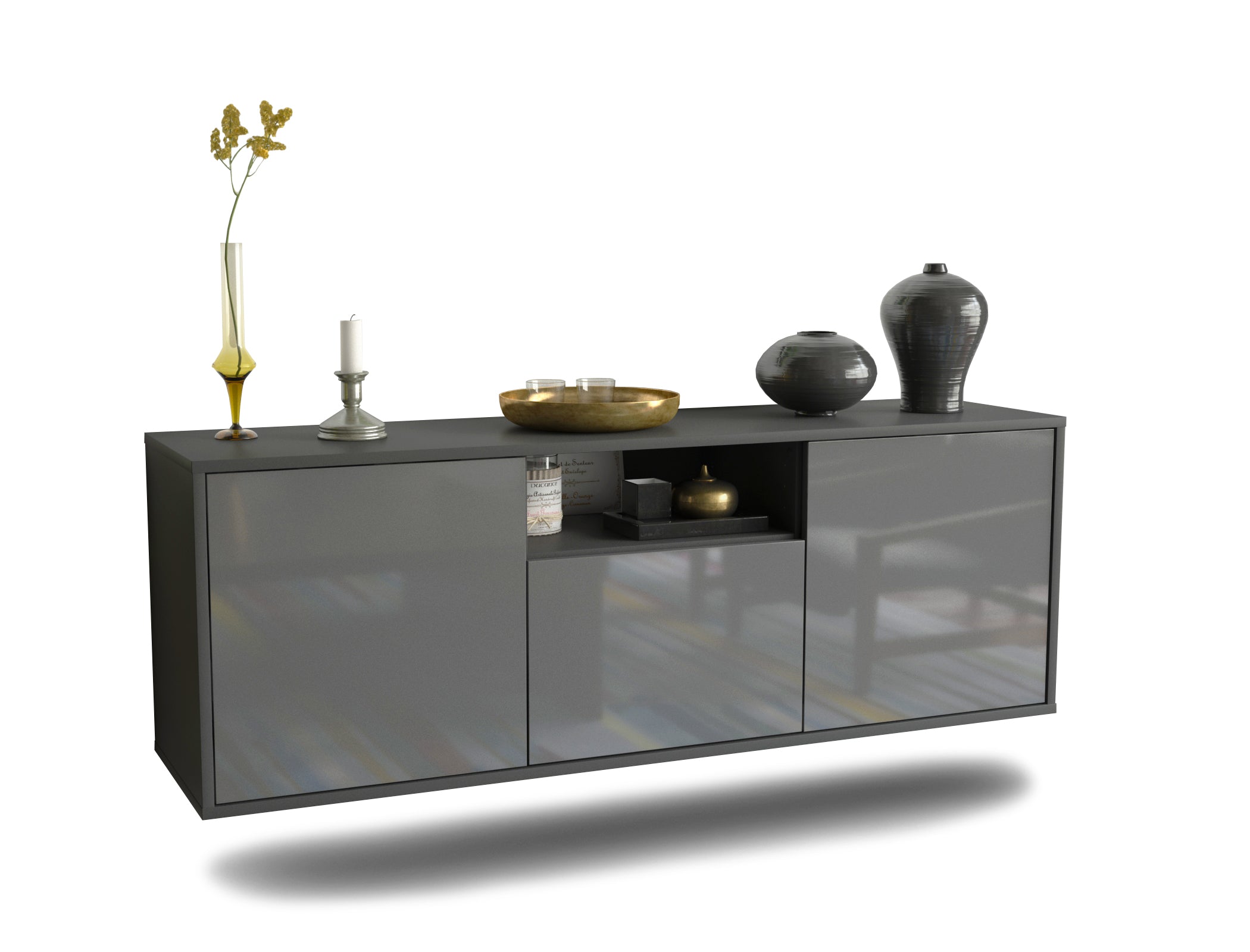 Lowboard - Andrina - Design Hochglanz - Wandmontage mit Push to Open 136 cm Anthrazit