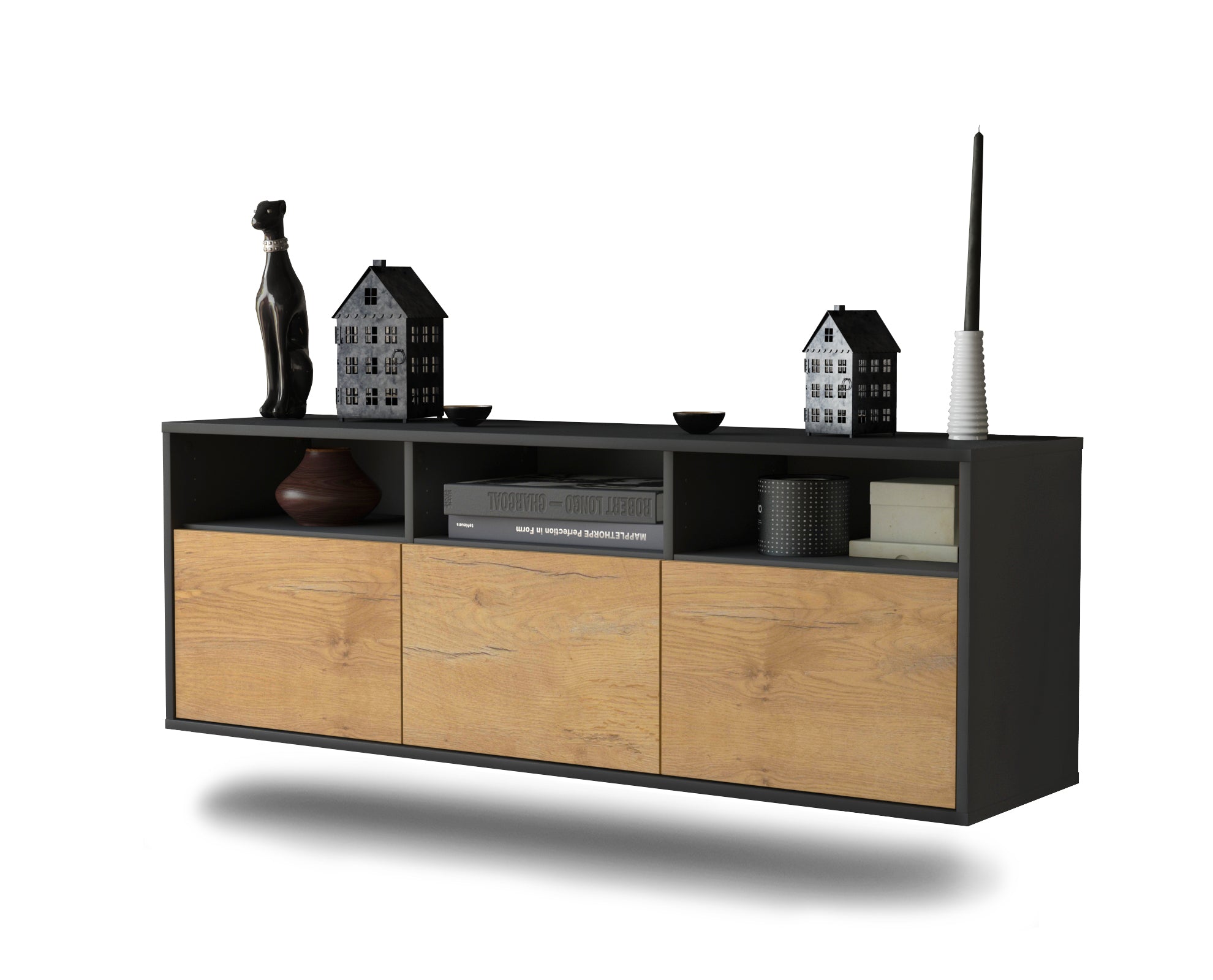 Lowboard - Anella - Design Holzdekor - Wandmontage mit Push to Open 136 cm Anthrazit