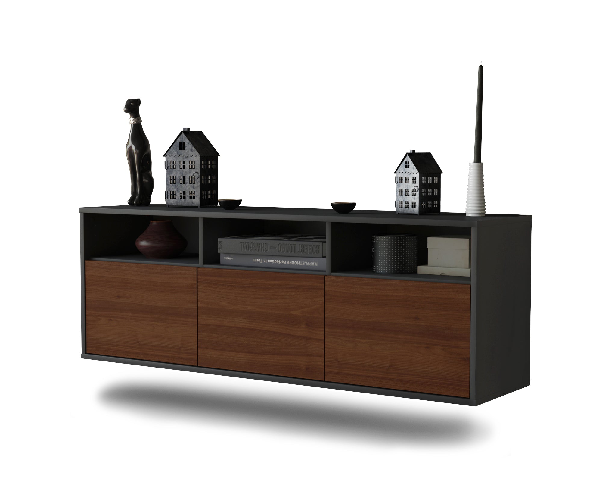 Lowboard - Anella - Design Holzdekor - Wandmontage mit Push to Open 136 cm Anthrazit