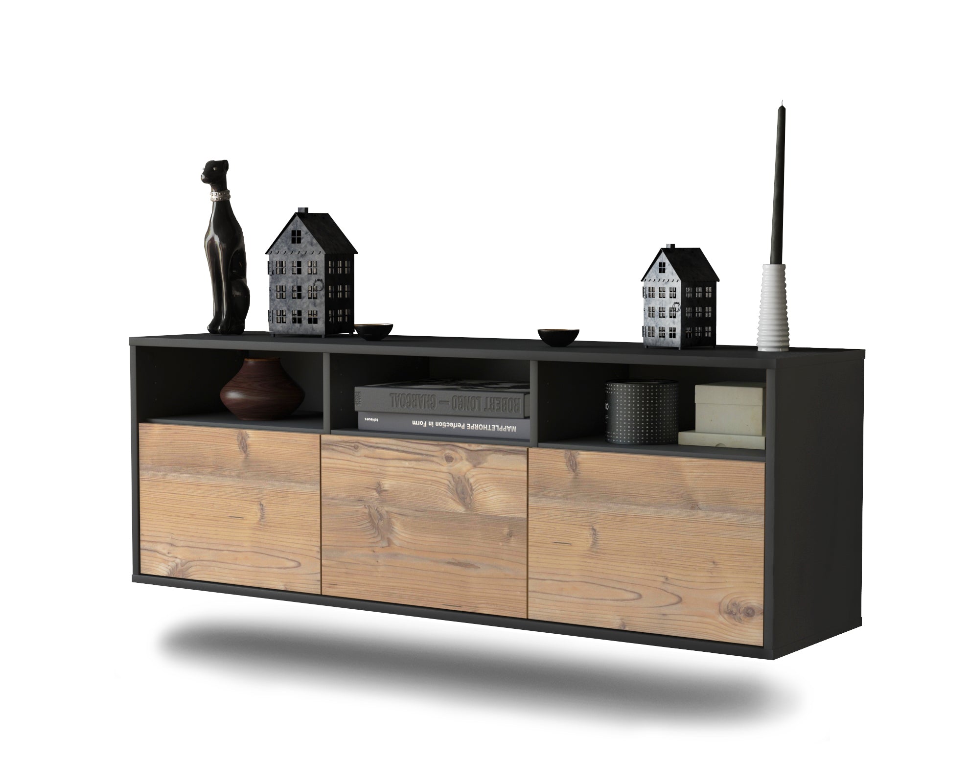 Lowboard - Anella - Design Holzdekor - Wandmontage mit Push to Open 136 cm Anthrazit