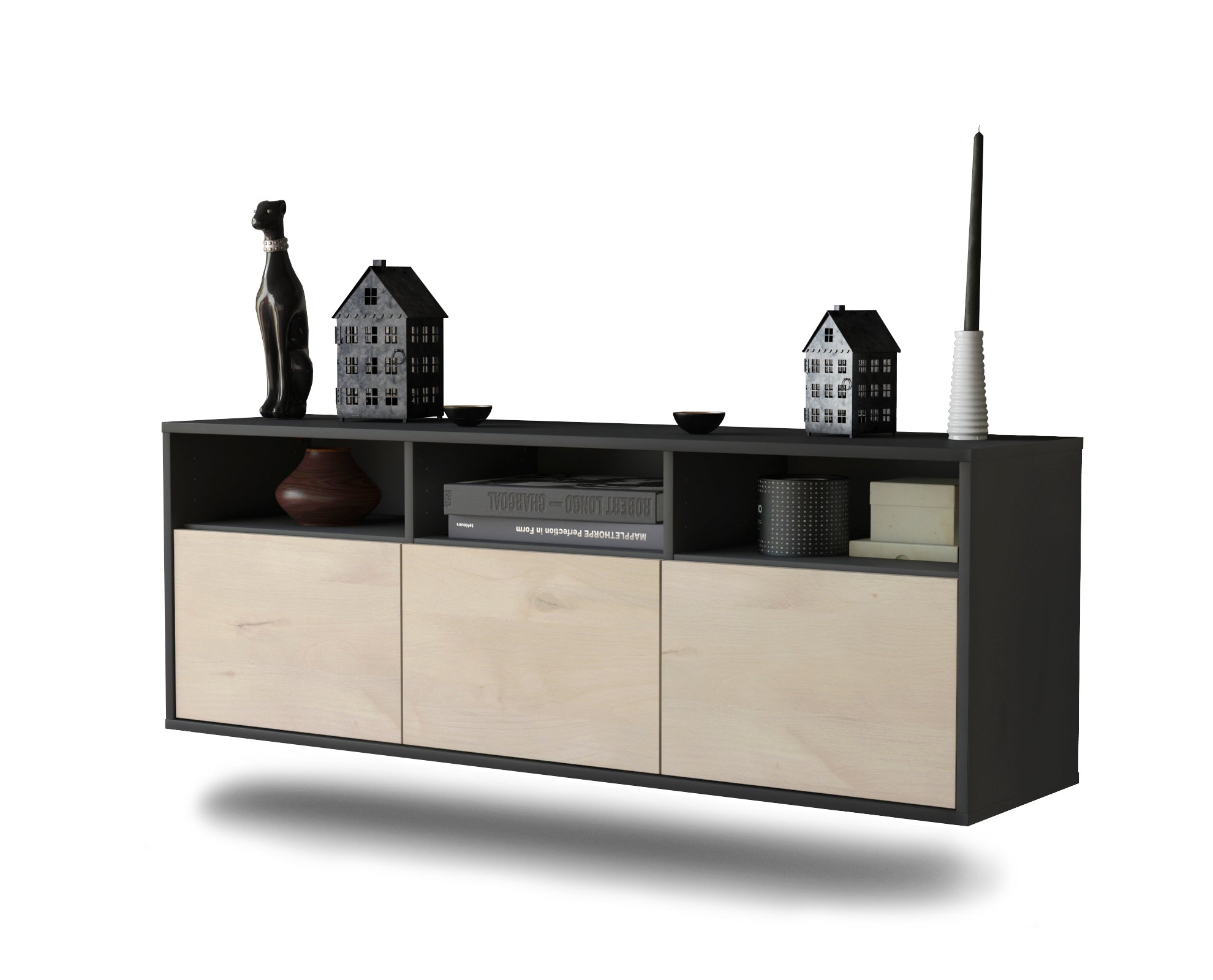 Lowboard - Anella - Design Holzdekor - Wandmontage mit Push to Open 136 cm Anthrazit