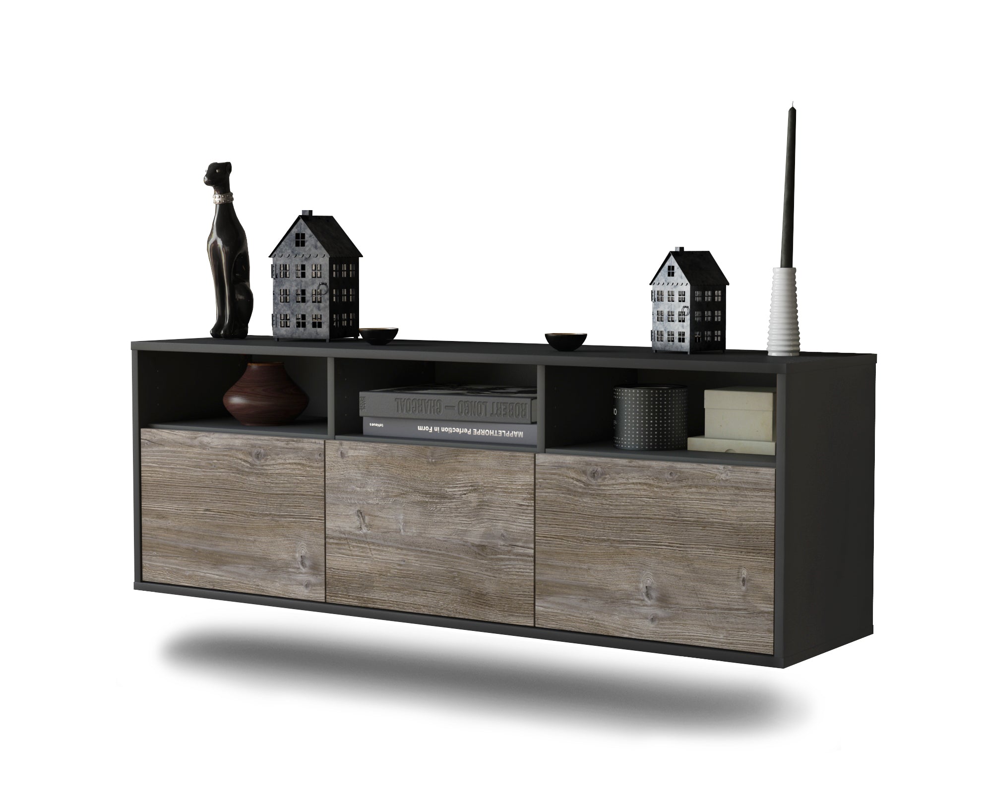 Lowboard - Anella - Design Holzdekor - Wandmontage mit Push to Open 136 cm Anthrazit