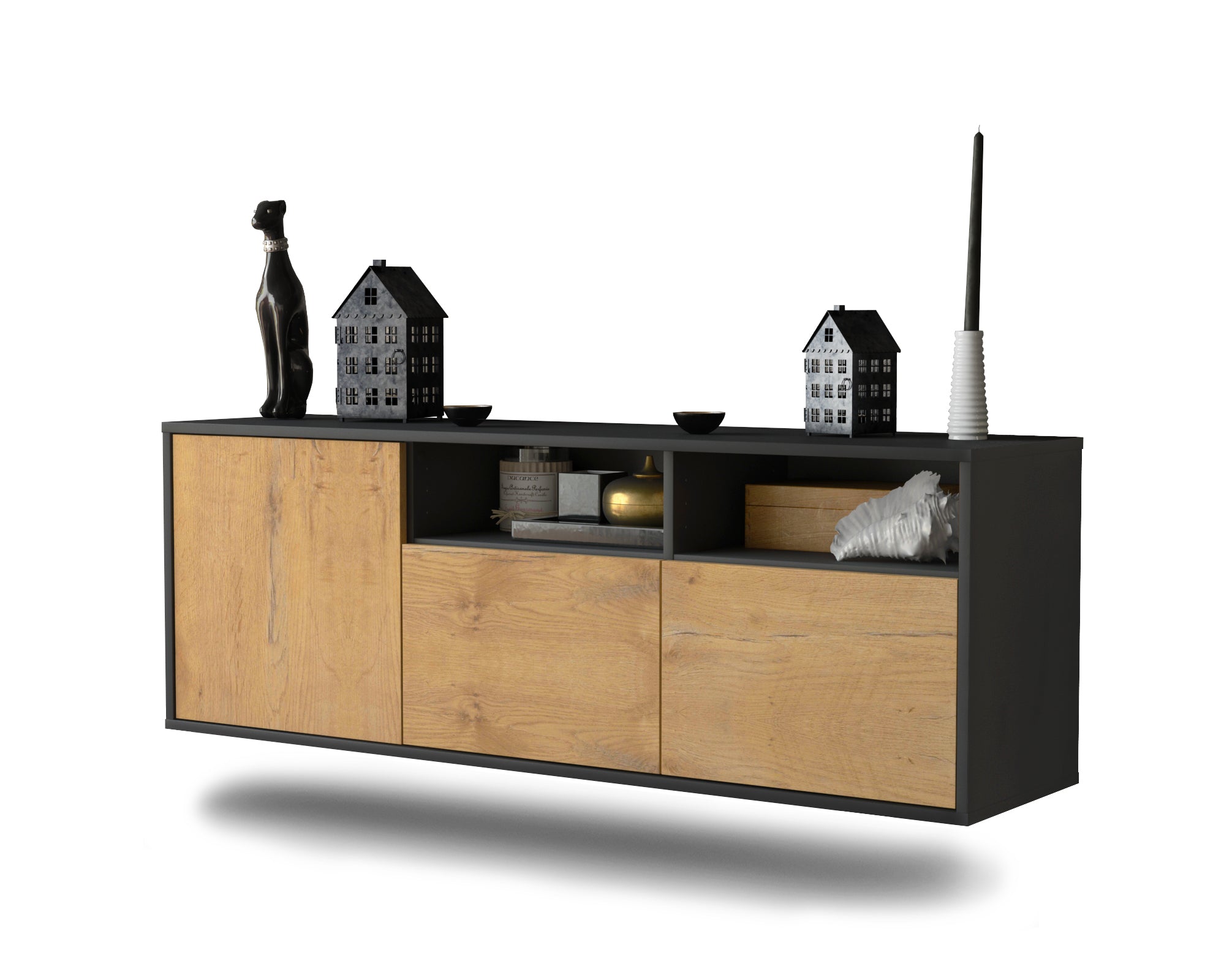 Lowboard - Anina - Design Holzdekor - Wandmontage mit Push to Open 136 cm Anthrazit