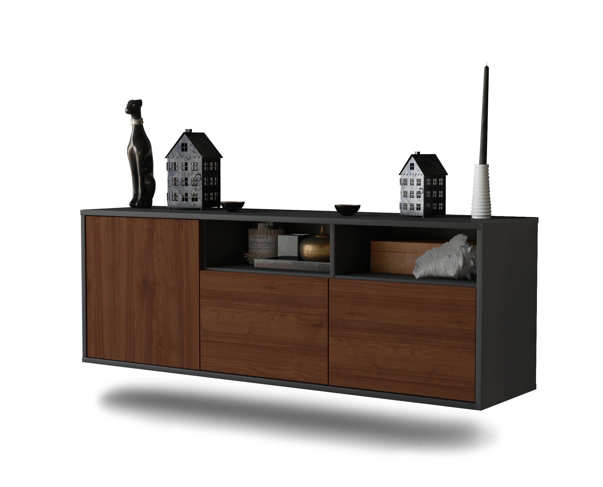 Lowboard - Anina - Design Holzdekor - Wandmontage mit Push to Open 136 cm Anthrazit