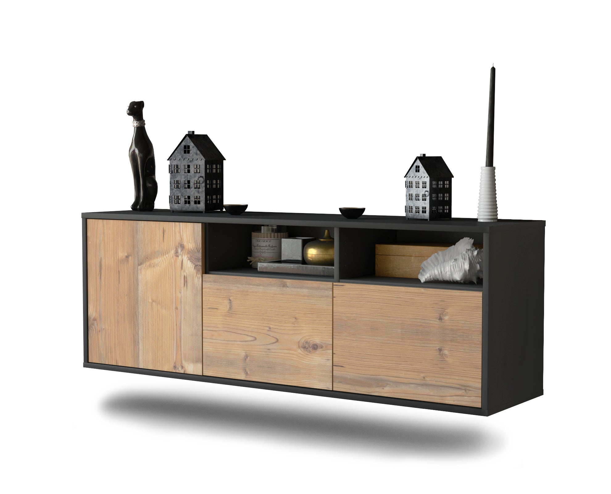 Lowboard - Anina - Design Holzdekor - Wandmontage mit Push to Open 136 cm Anthrazit