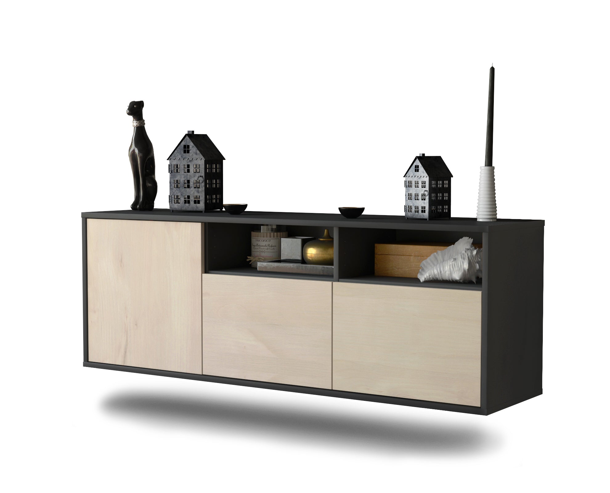 Lowboard - Anina - Design Holzdekor - Wandmontage mit Push to Open 136 cm Anthrazit