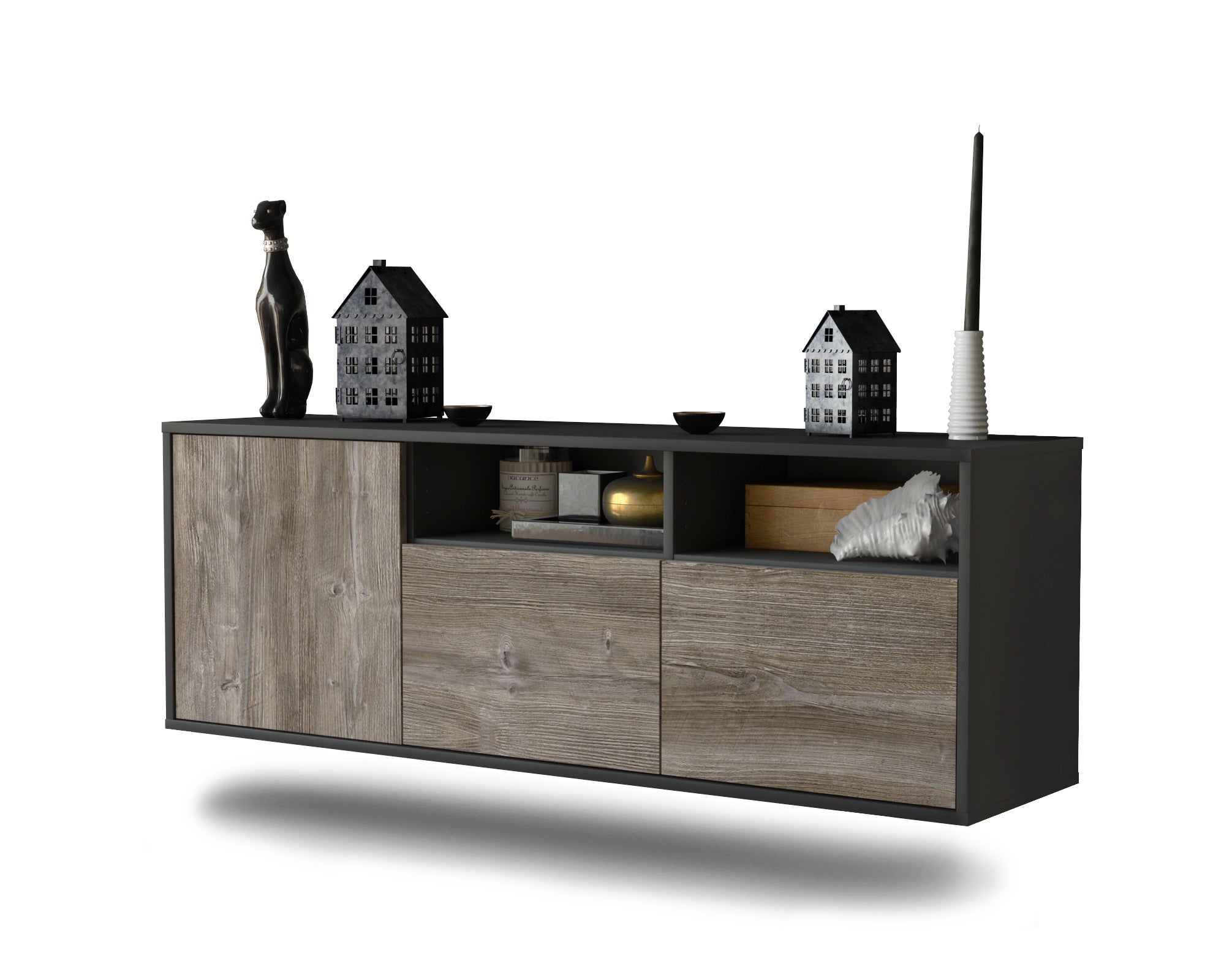 Lowboard - Anina - Design Holzdekor - Wandmontage mit Push to Open 136 cm Anthrazit