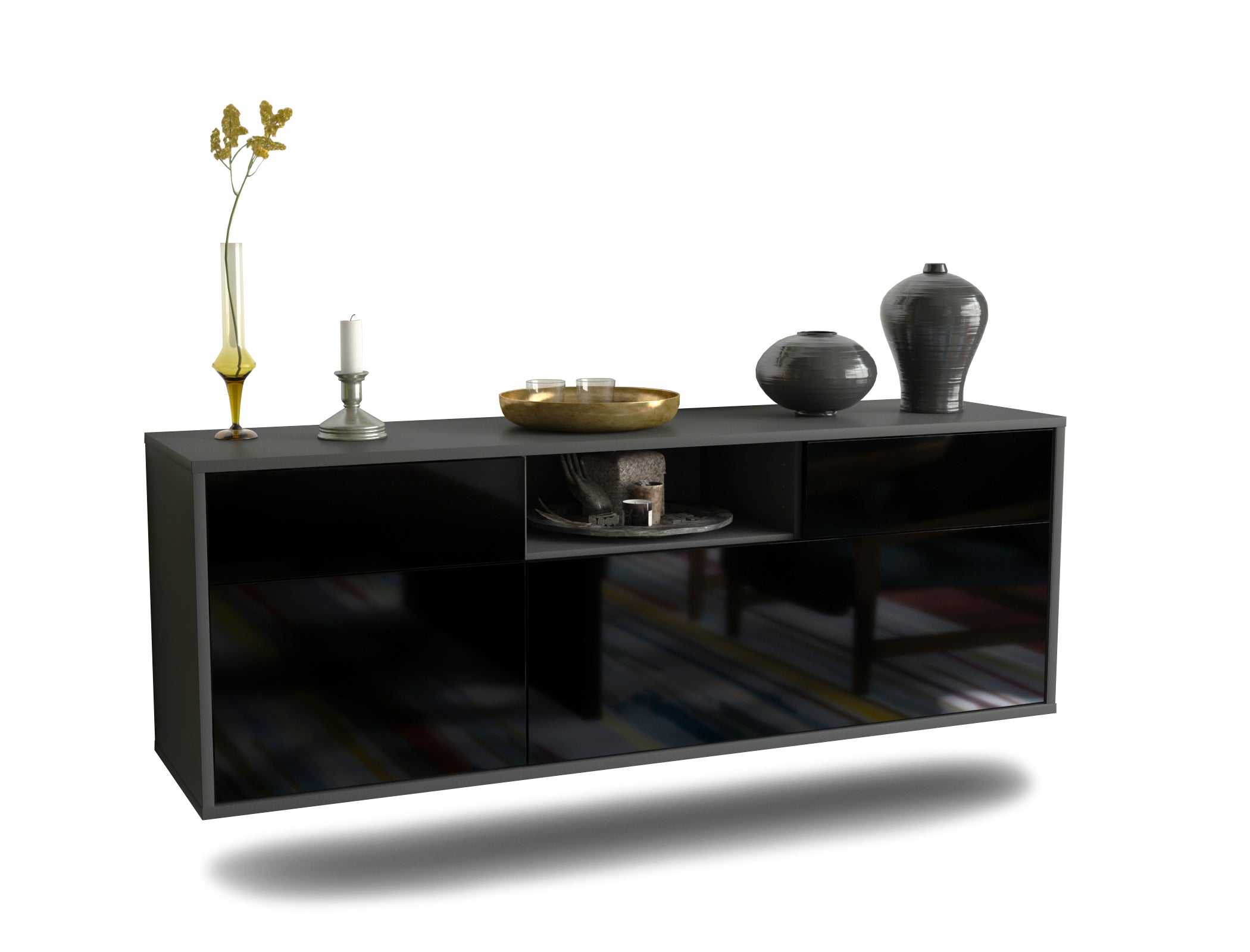 Lowboard - Anjelika - Design Hochglanz - Wandmontage mit Push to Open 136 cm Anthrazit