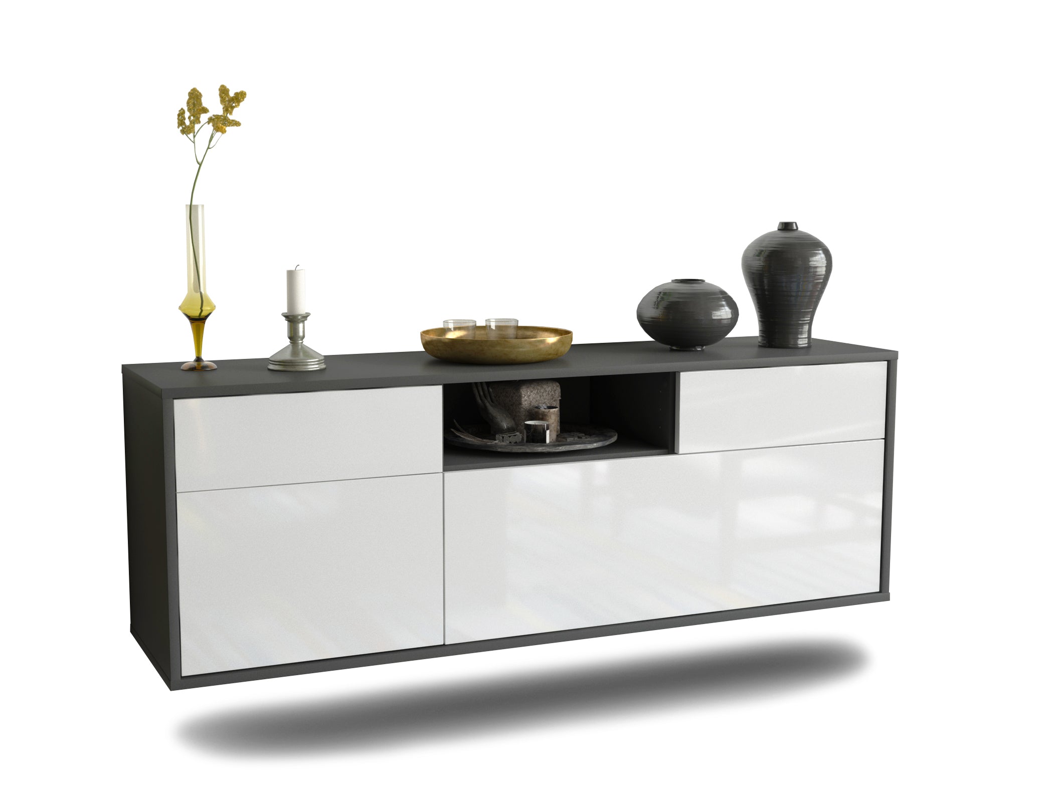 Lowboard - Anjelika - Design Hochglanz - Wandmontage mit Push to Open 136 cm Anthrazit