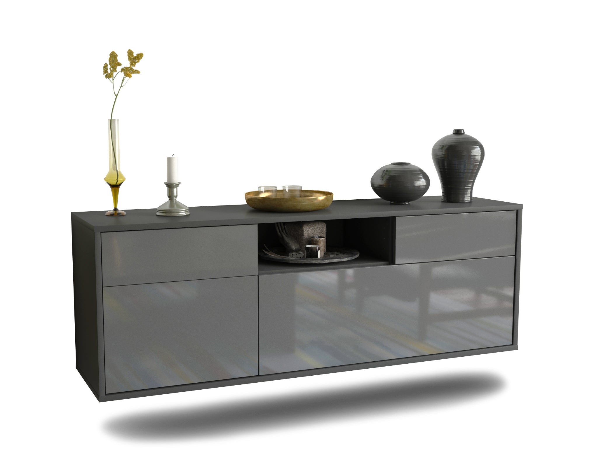Lowboard - Anjelika - Design Hochglanz - Wandmontage mit Push to Open 136 cm Anthrazit