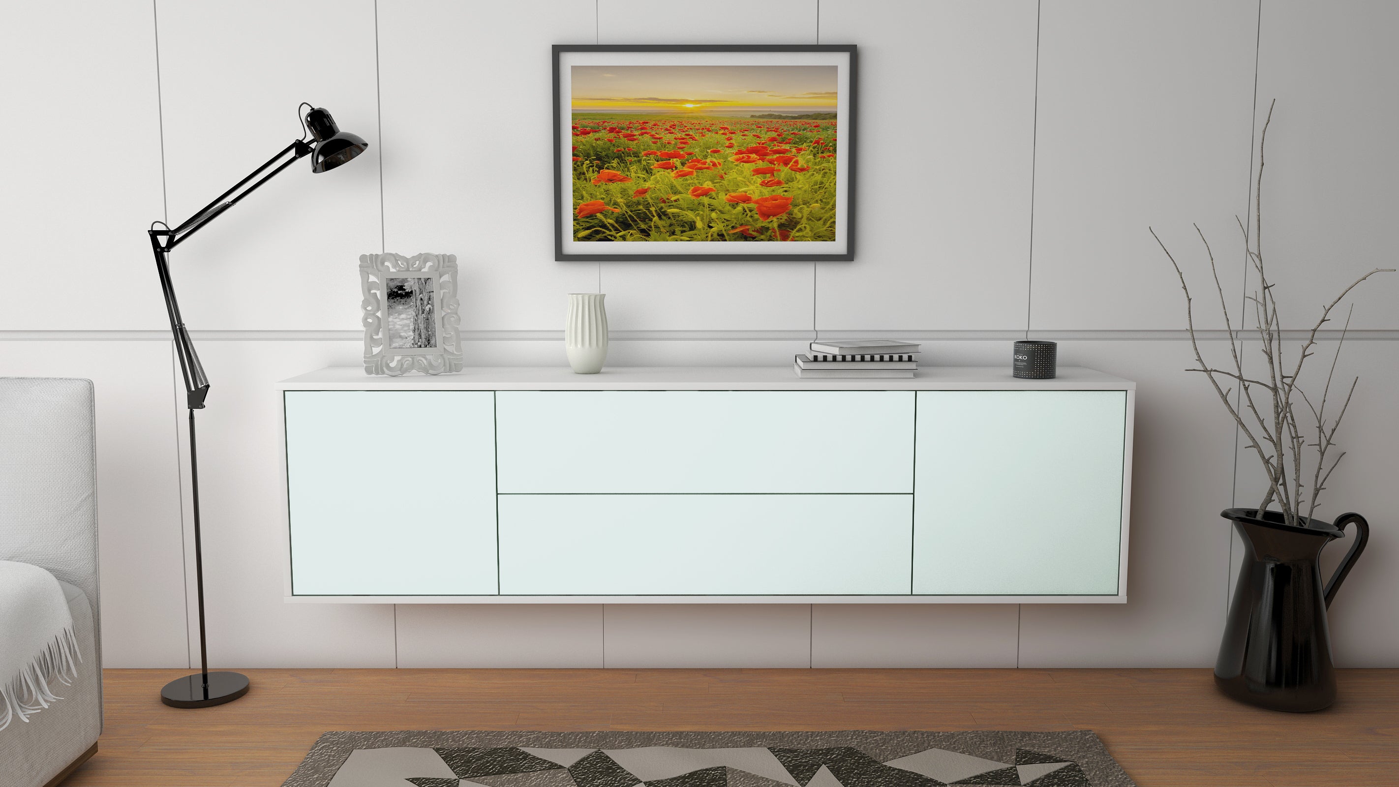 Lowboard - Aquilina - Design Farbakzent - Wandmontage mit Push to Open 180 cm Weiss