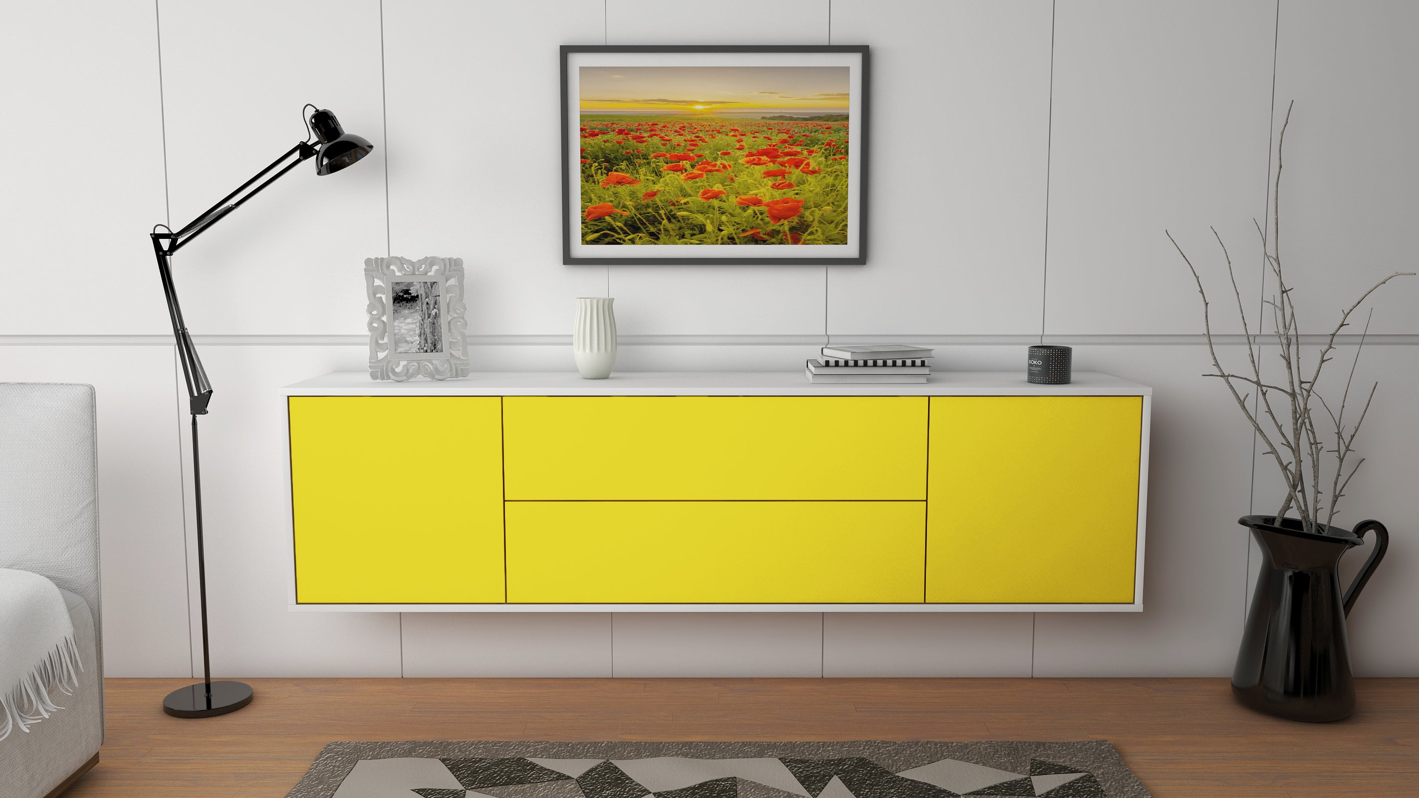 Lowboard - Aquilina - Design Farbakzent - Wandmontage mit Push to Open 180 cm Weiss