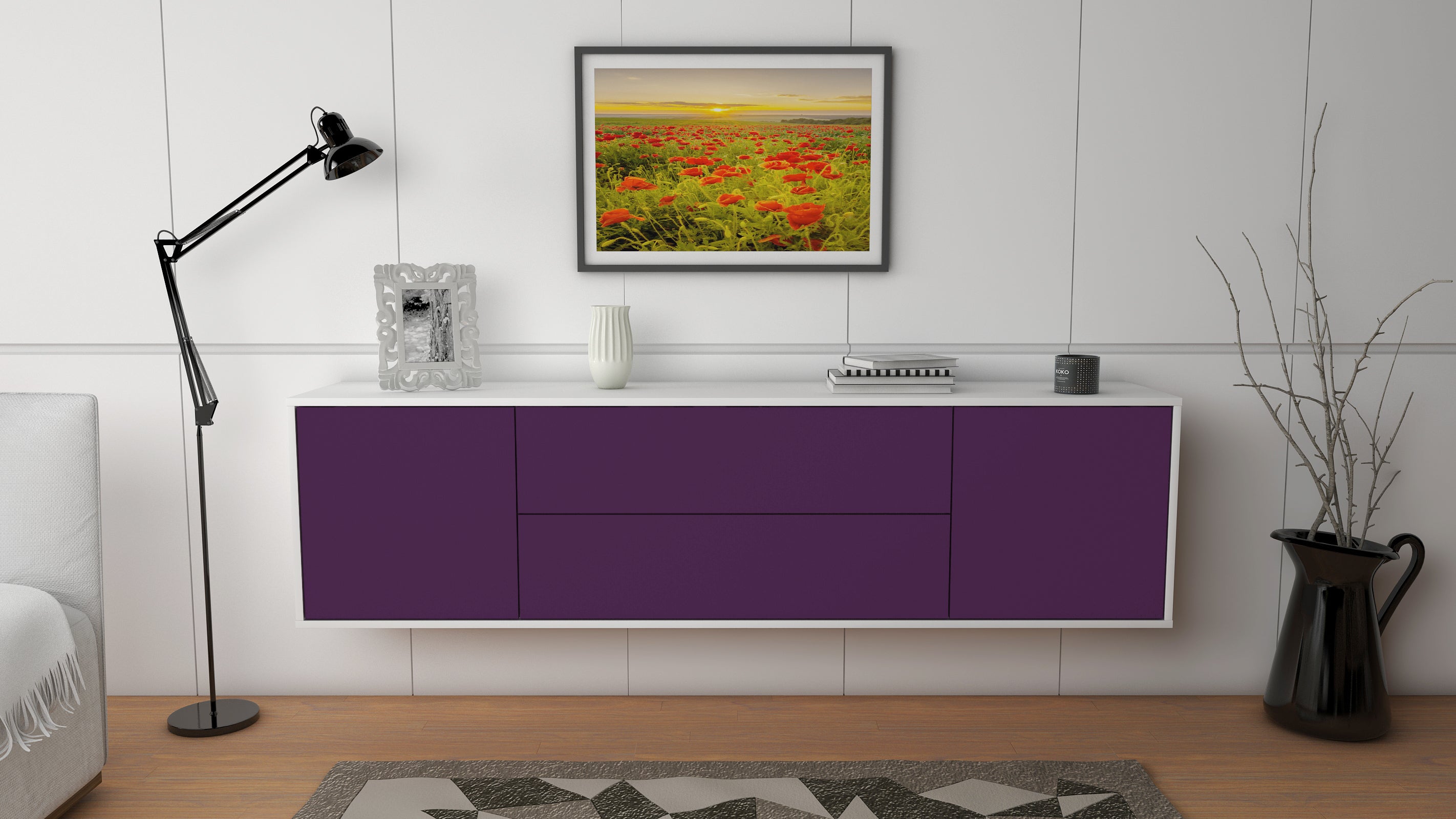 Lowboard - Aquilina - Design Farbakzent - Wandmontage mit Push to Open 180 cm Weiss