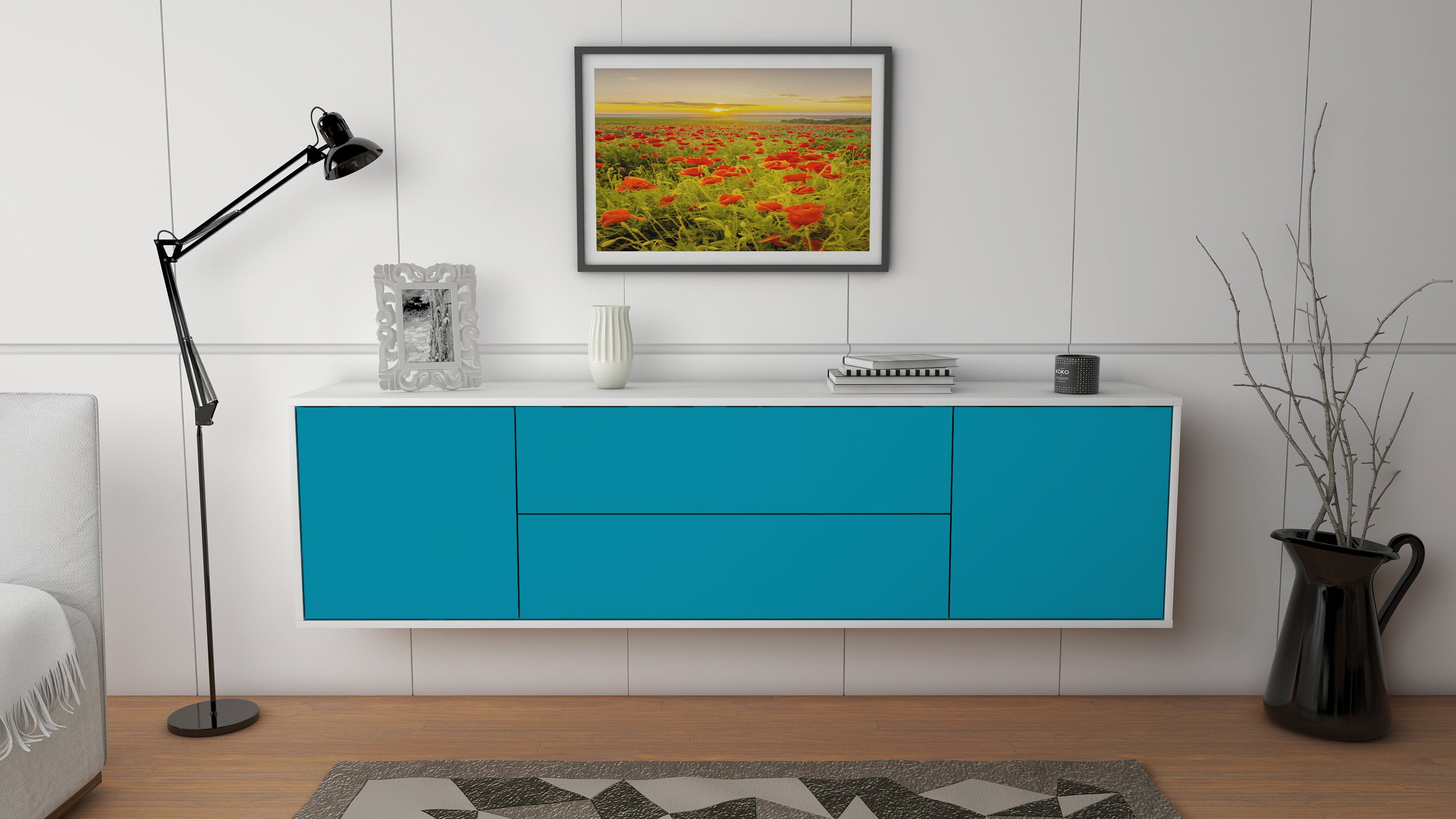 Lowboard - Aquilina - Design Farbakzent - Wandmontage mit Push to Open 180 cm Weiss