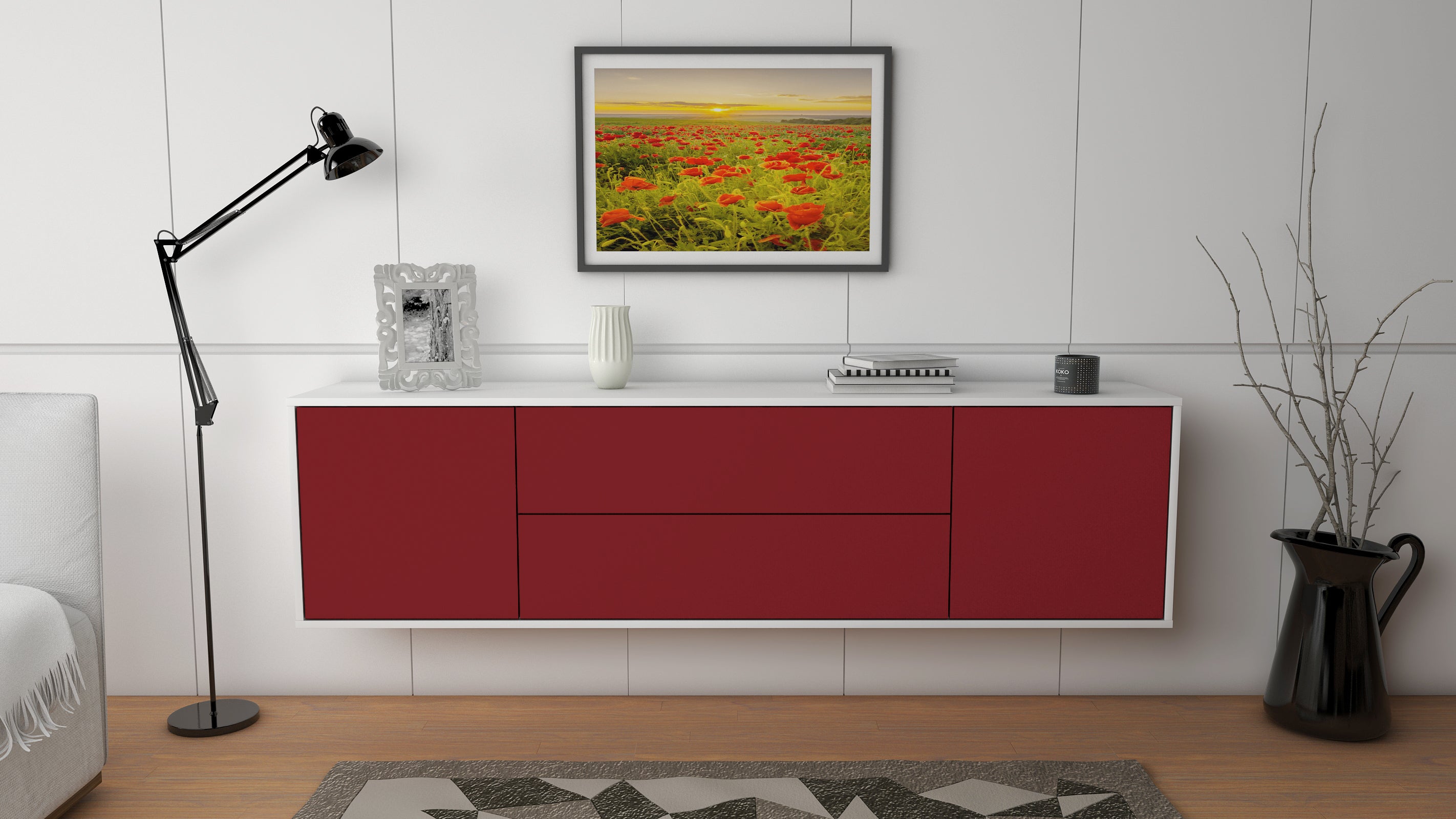 Lowboard - Aquilina - Design Farbakzent - Wandmontage mit Push to Open 180 cm Weiss