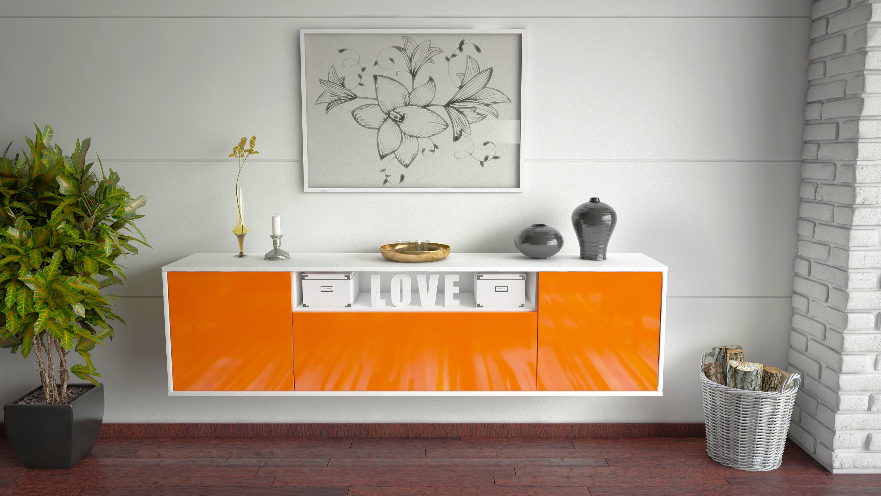 Lowboard - Ariana - Design Hochglanz - Wandmontage mit Push to Open 180 cm Weiss
