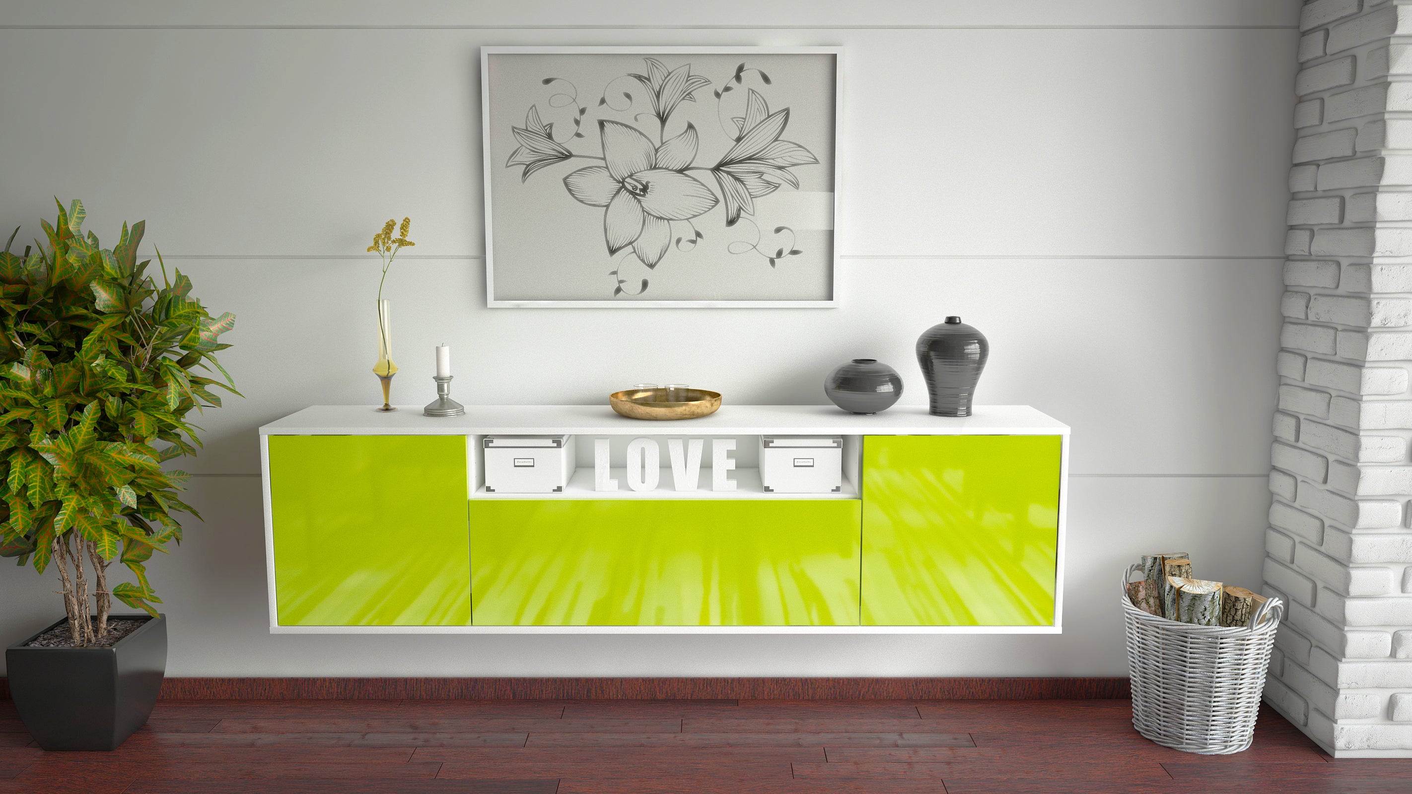 Lowboard - Ariana - Design Hochglanz - Wandmontage mit Push to Open 180 cm Weiss