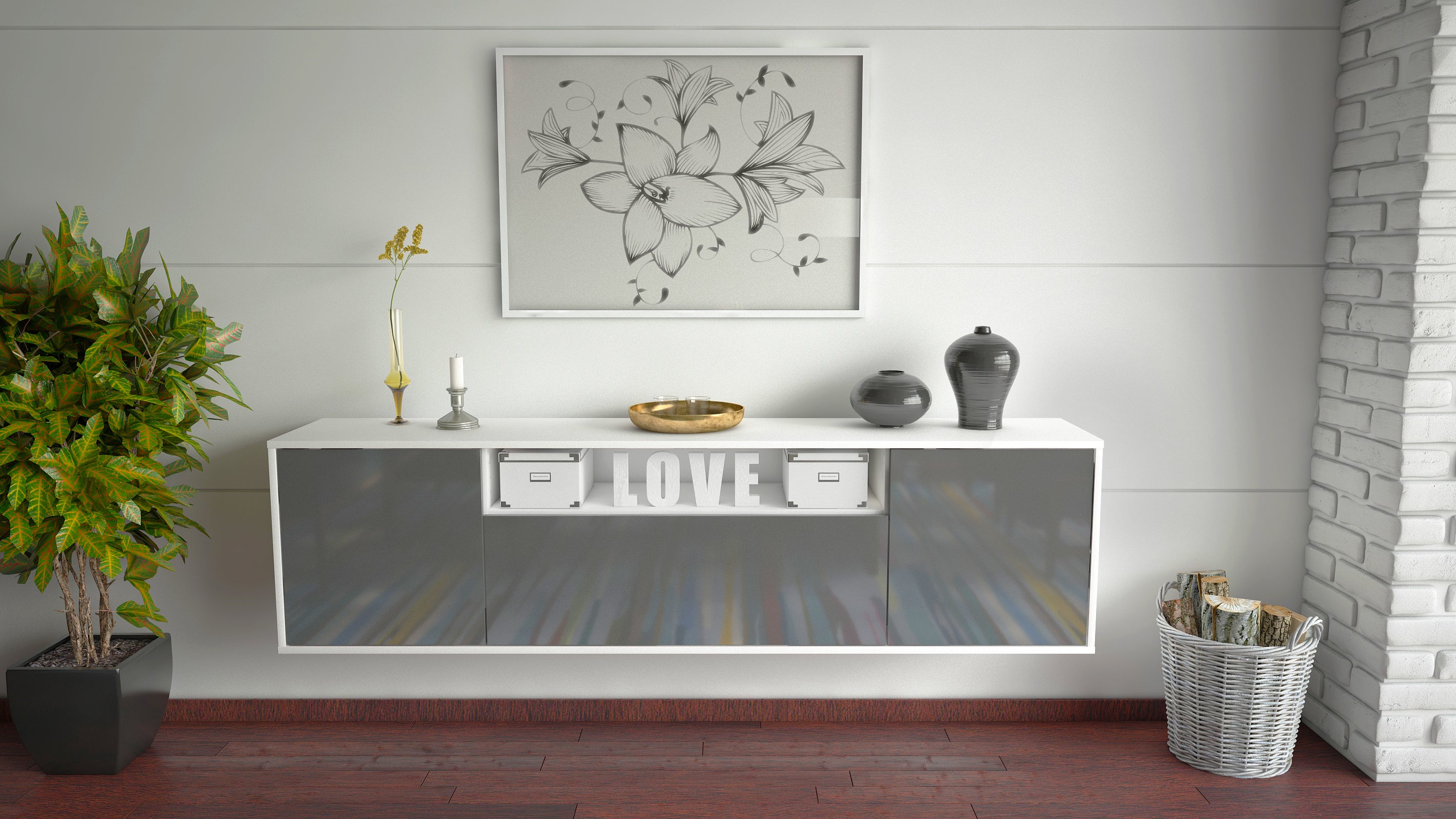 Lowboard - Ariana - Design Hochglanz - Wandmontage mit Push to Open 180 cm Weiss
