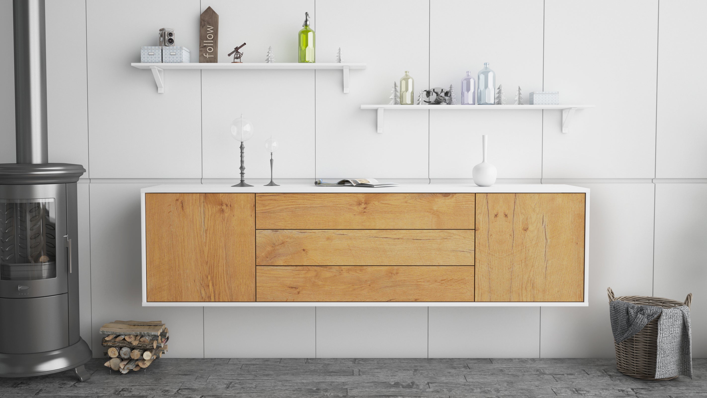Lowboard - Ariella - Design Holzdekor - Wandmontage mit Push to Open 180 cm Weiss