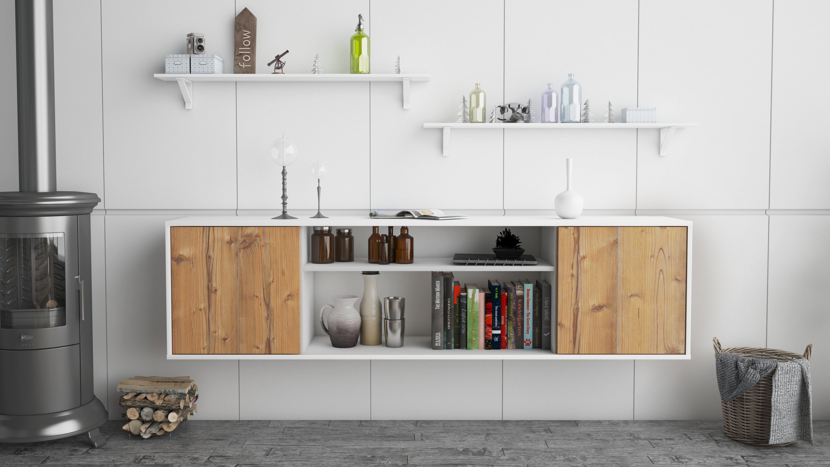 Lowboard - Asia - Design Holzdekor - Wandmontage mit Push to Open 180 cm Weiss