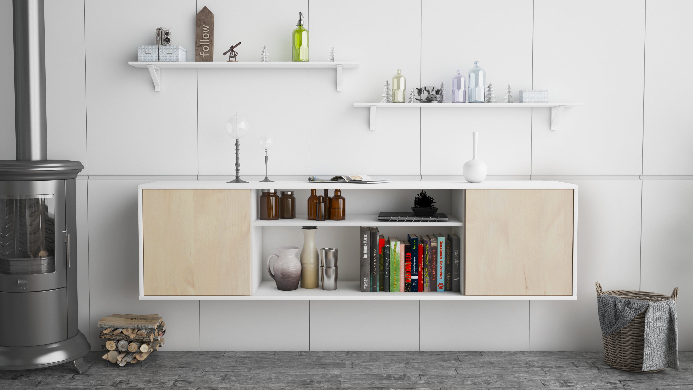 Lowboard - Asia - Design Holzdekor - Wandmontage mit Push to Open 180 cm Weiss