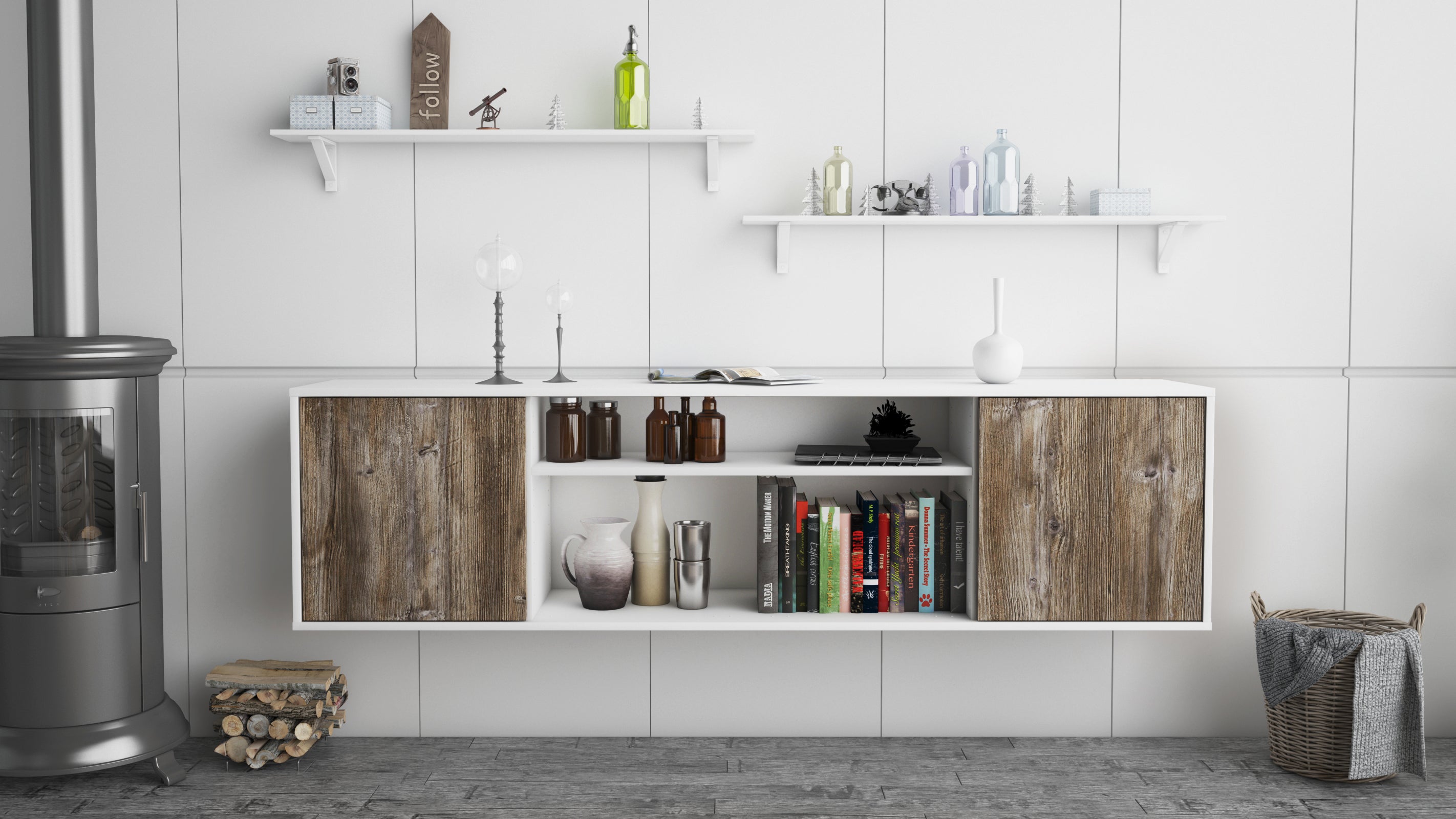 Lowboard - Asia - Design Holzdekor - Wandmontage mit Push to Open 180 cm Weiss