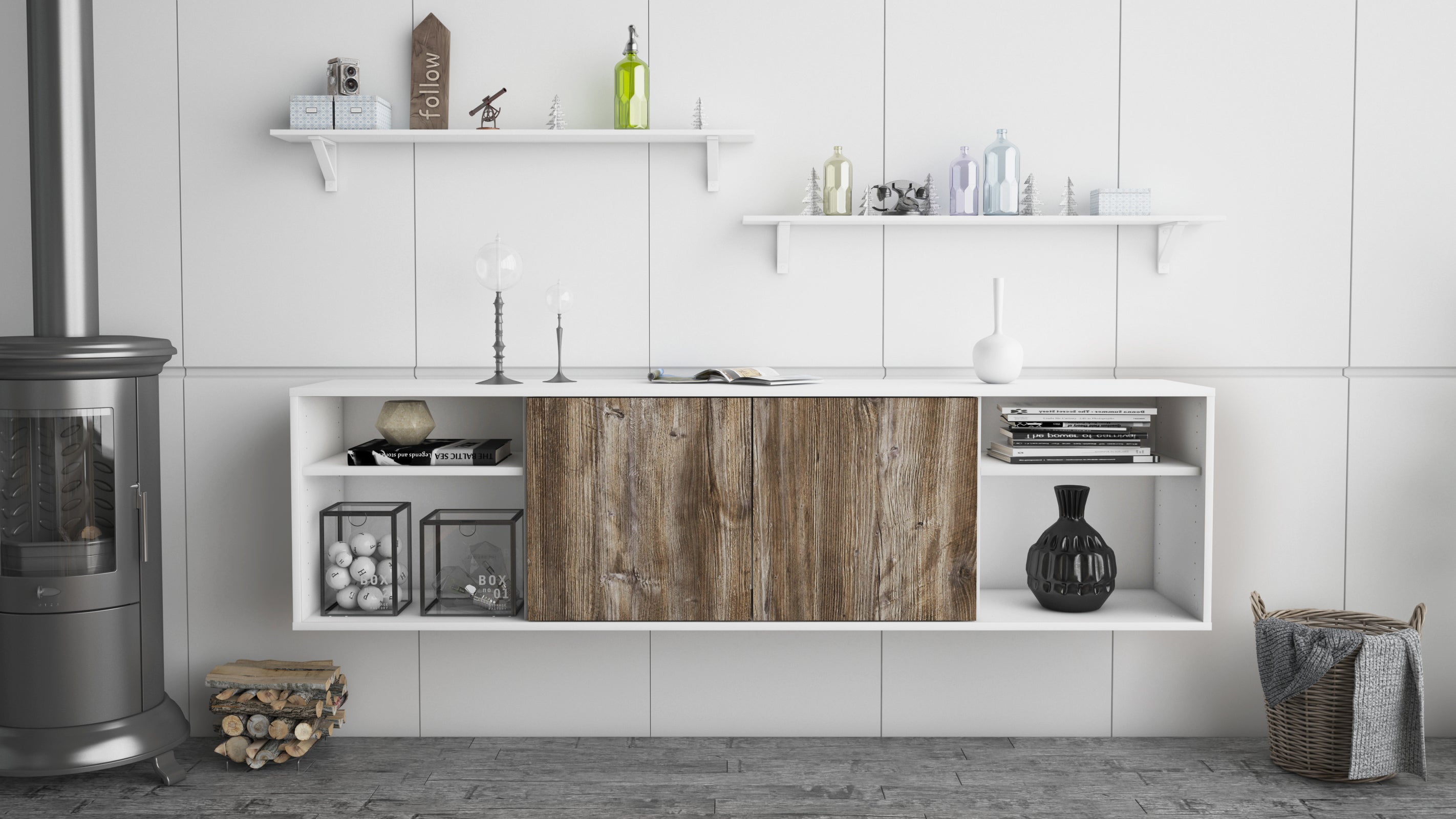 Lowboard - Asimo - Design Holzdekor - Wandmontage mit Push to Open 180 cm Weiss