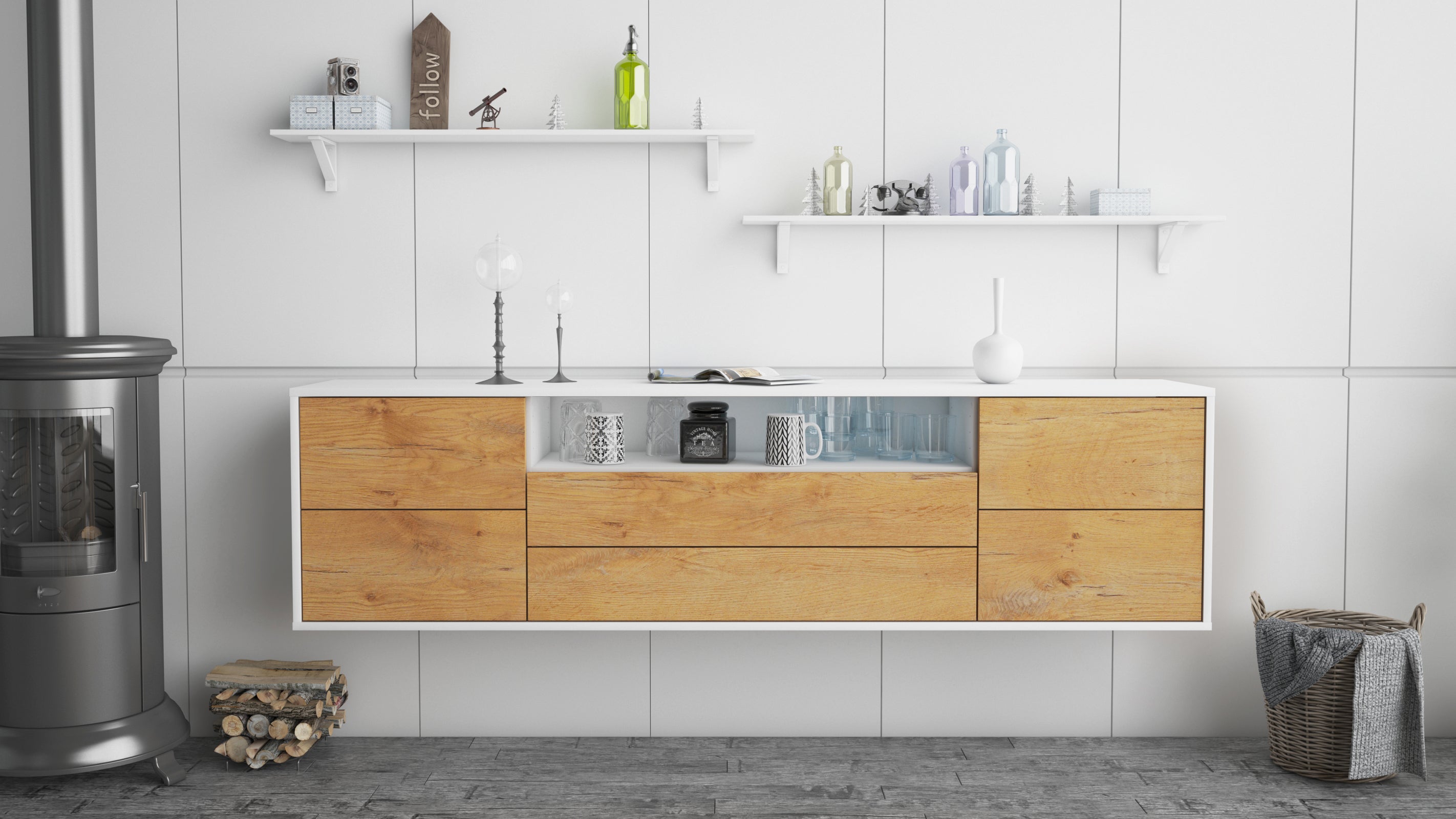 Lowboard - Aurora - Design Holzdekor - Wandmontage mit Push to Open 180 cm Weiss