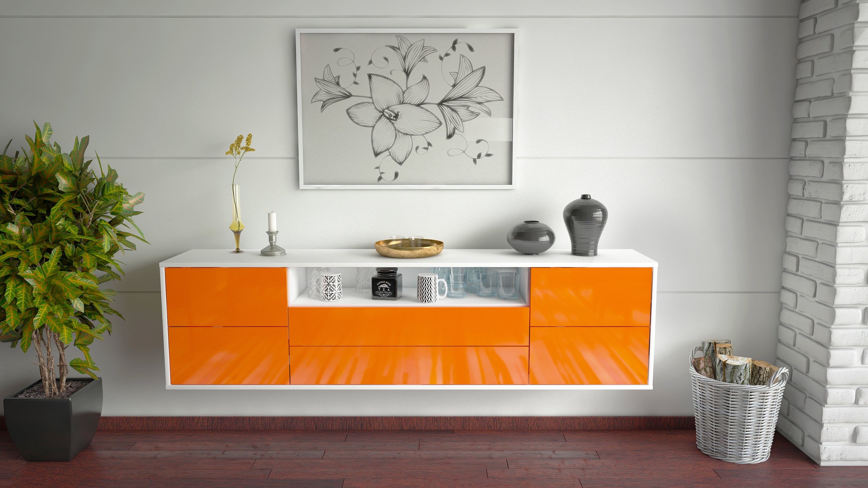 Lowboard - Aurora - Design Hochglanz - Wandmontage mit Push to Open 180 cm Weiss