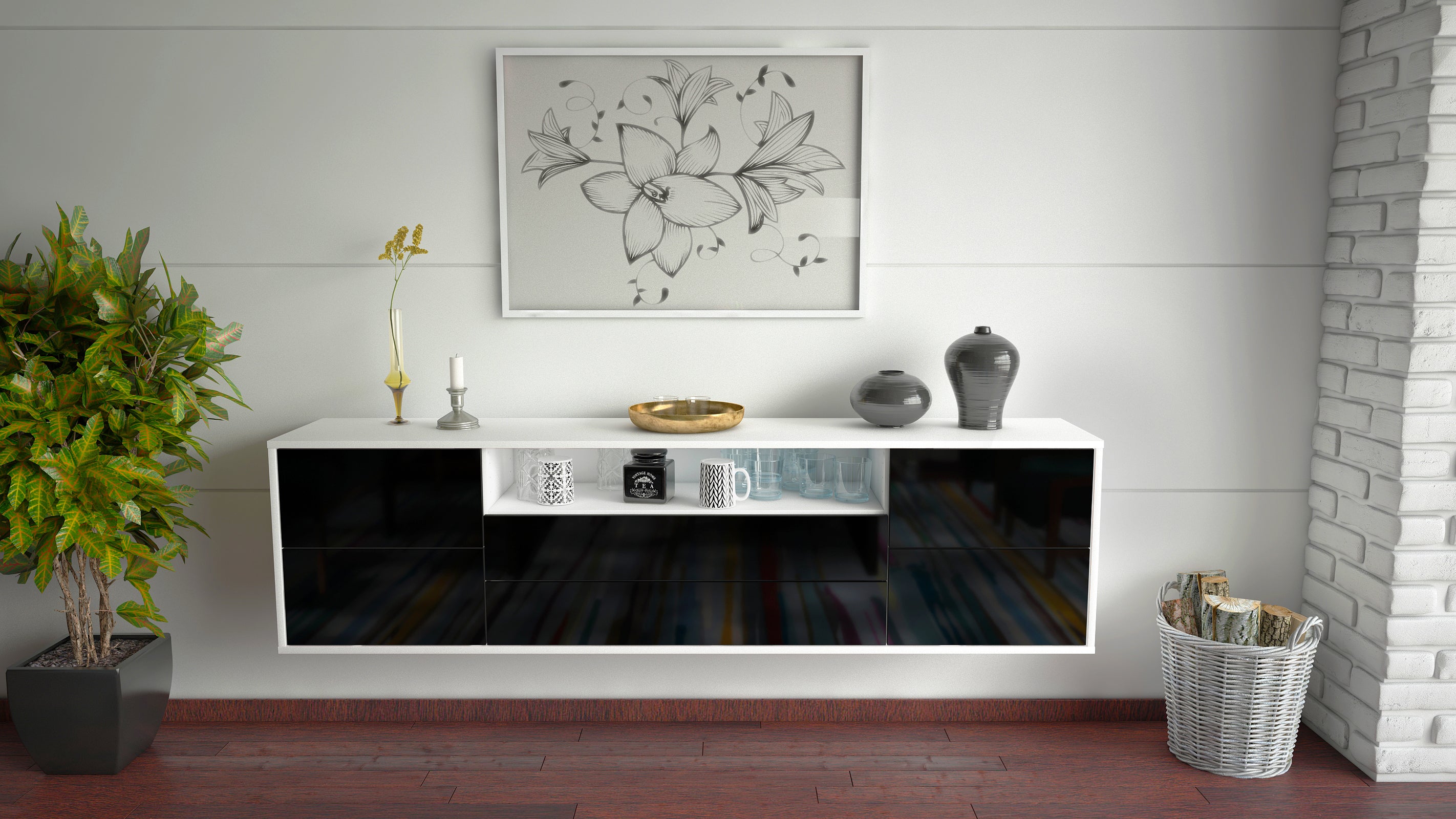 Lowboard - Aurora - Design Hochglanz - Wandmontage mit Push to Open 180 cm Weiss