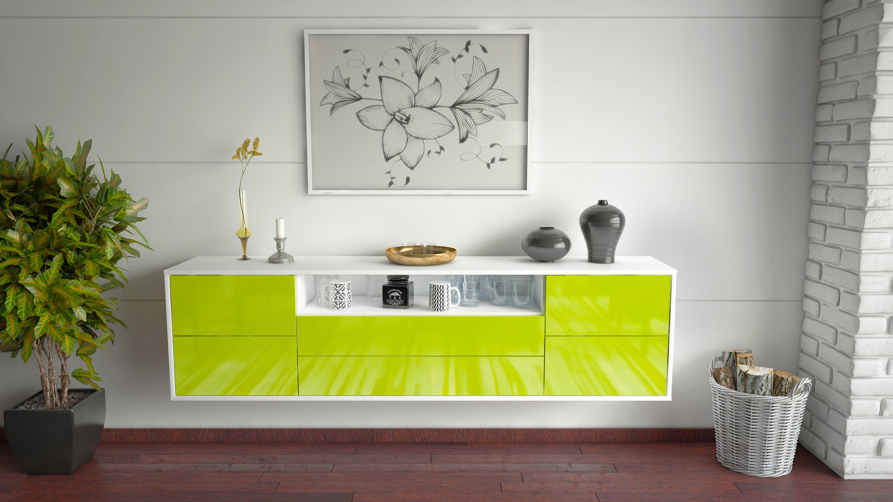 Lowboard - Aurora - Design Hochglanz - Wandmontage mit Push to Open 180 cm Weiss