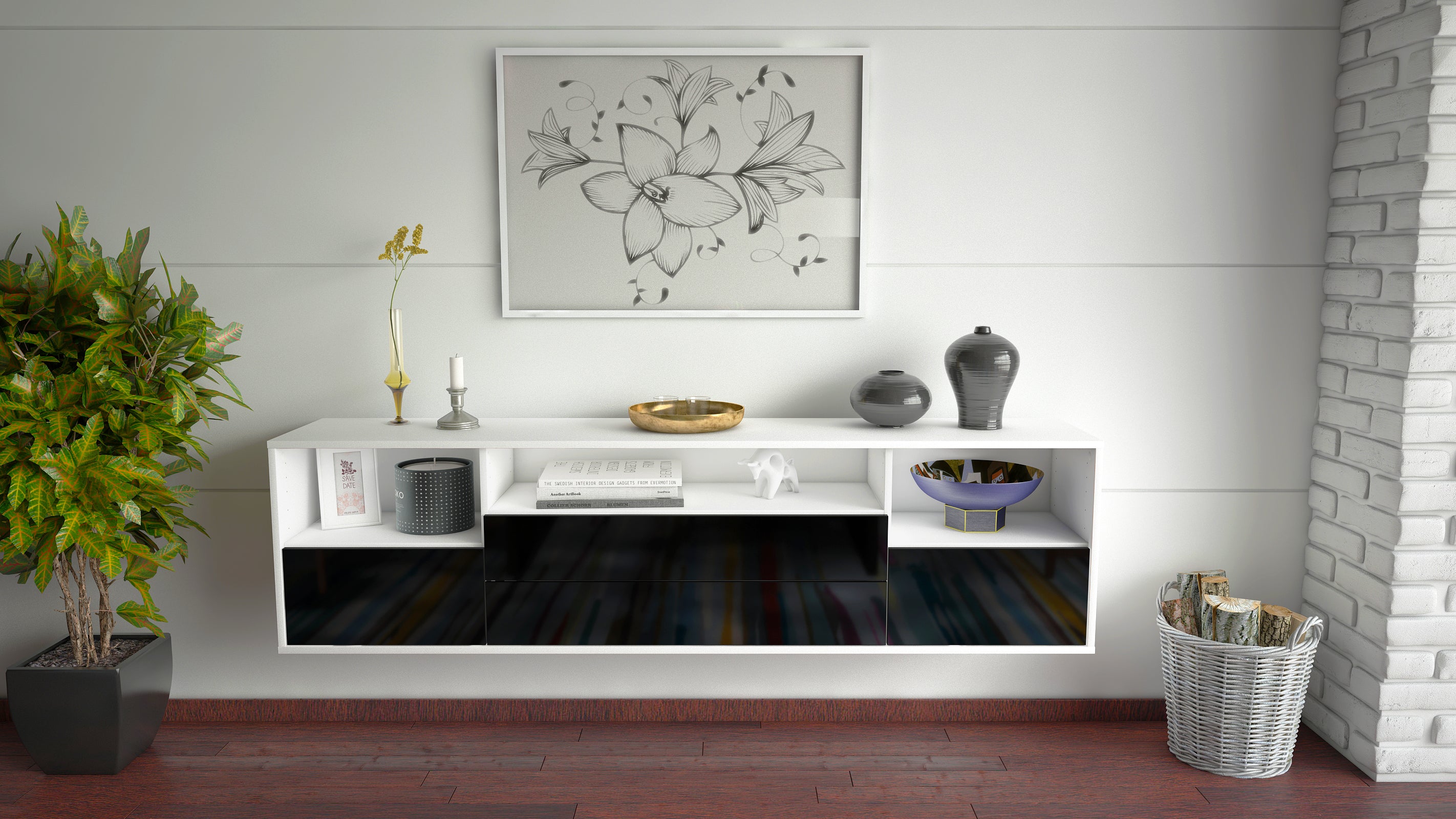 Lowboard - Azula - Design Hochglanz - Wandmontage mit Push to Open 180 cm Weiss