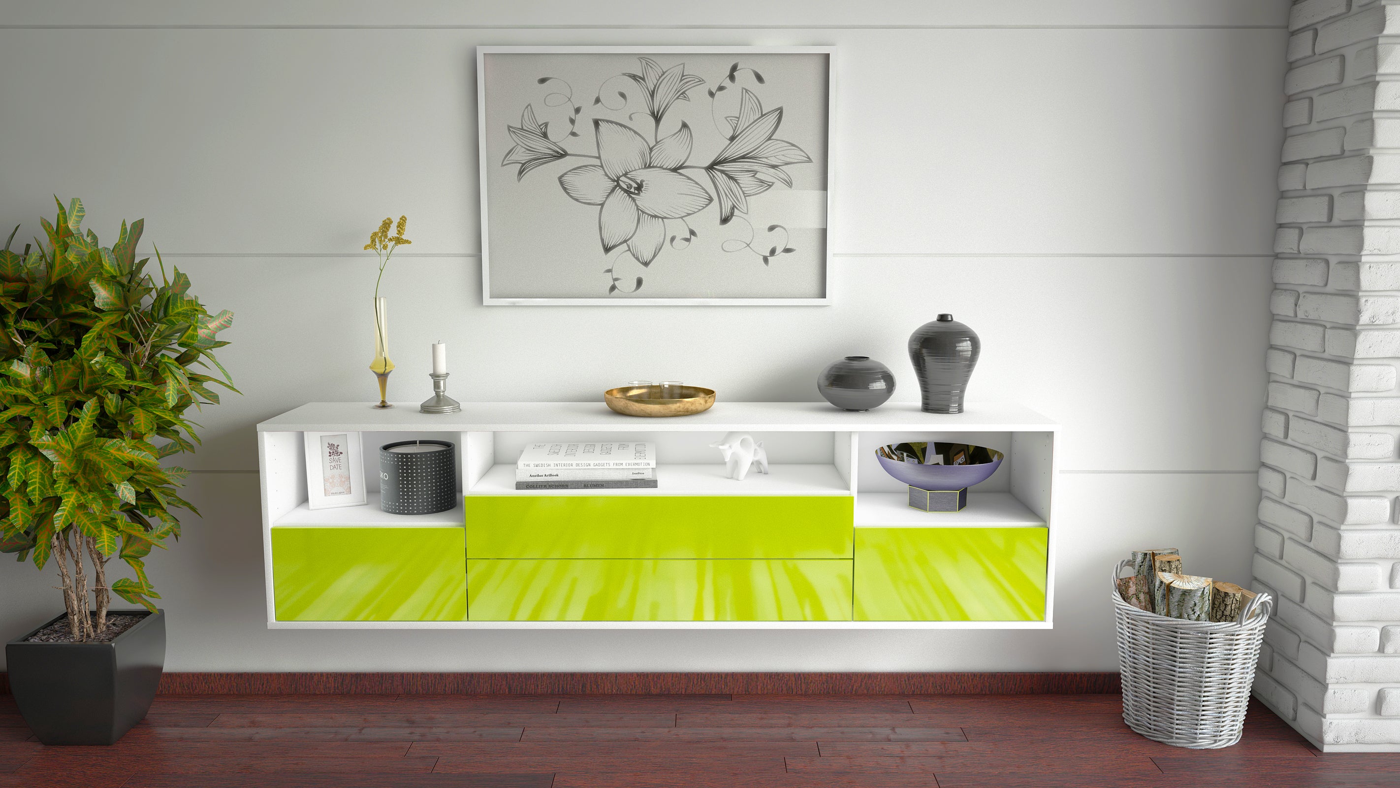 Lowboard - Azula - Design Hochglanz - Wandmontage mit Push to Open 180 cm Weiss