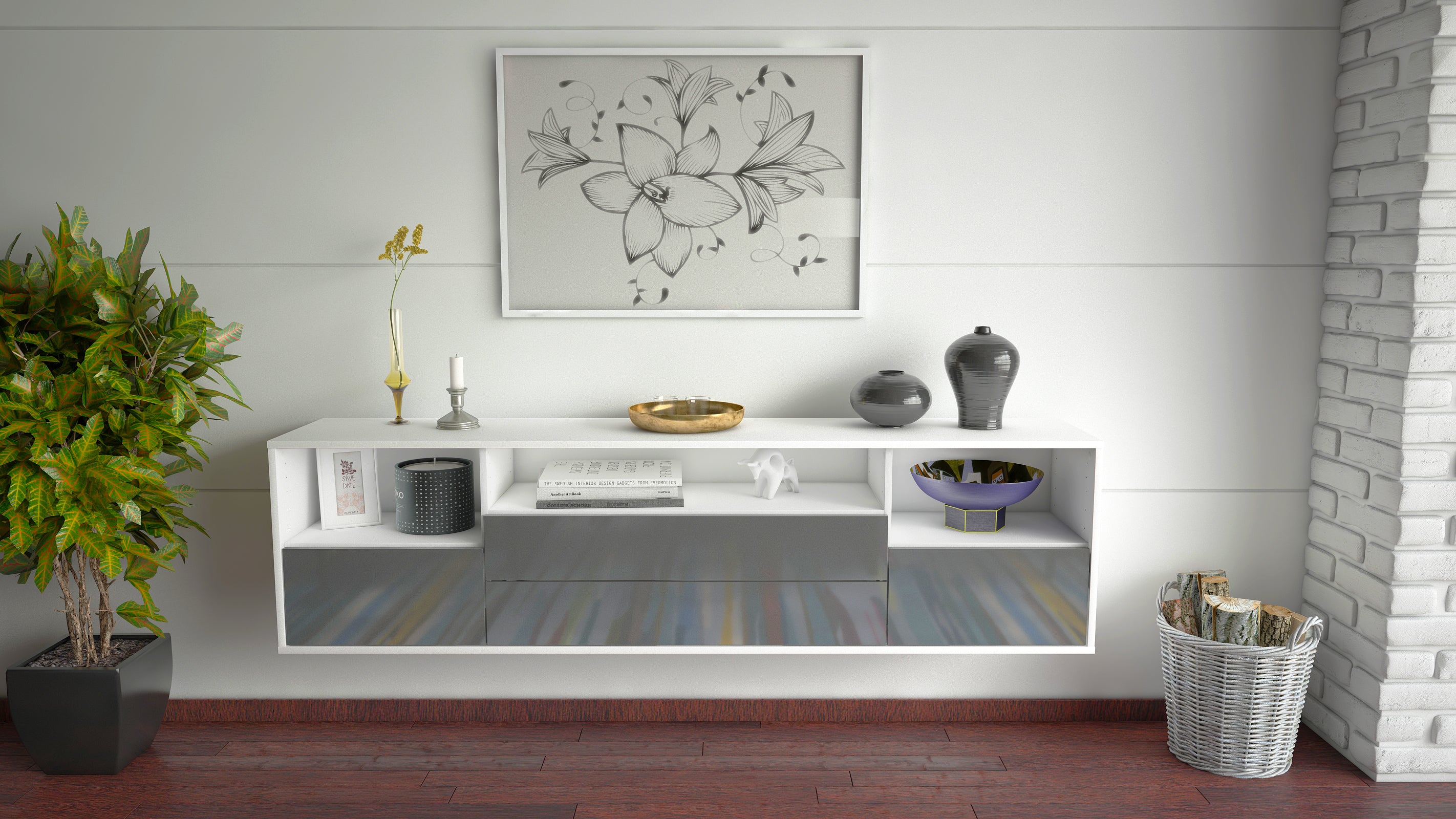 Lowboard - Azula - Design Hochglanz - Wandmontage mit Push to Open 180 cm Weiss