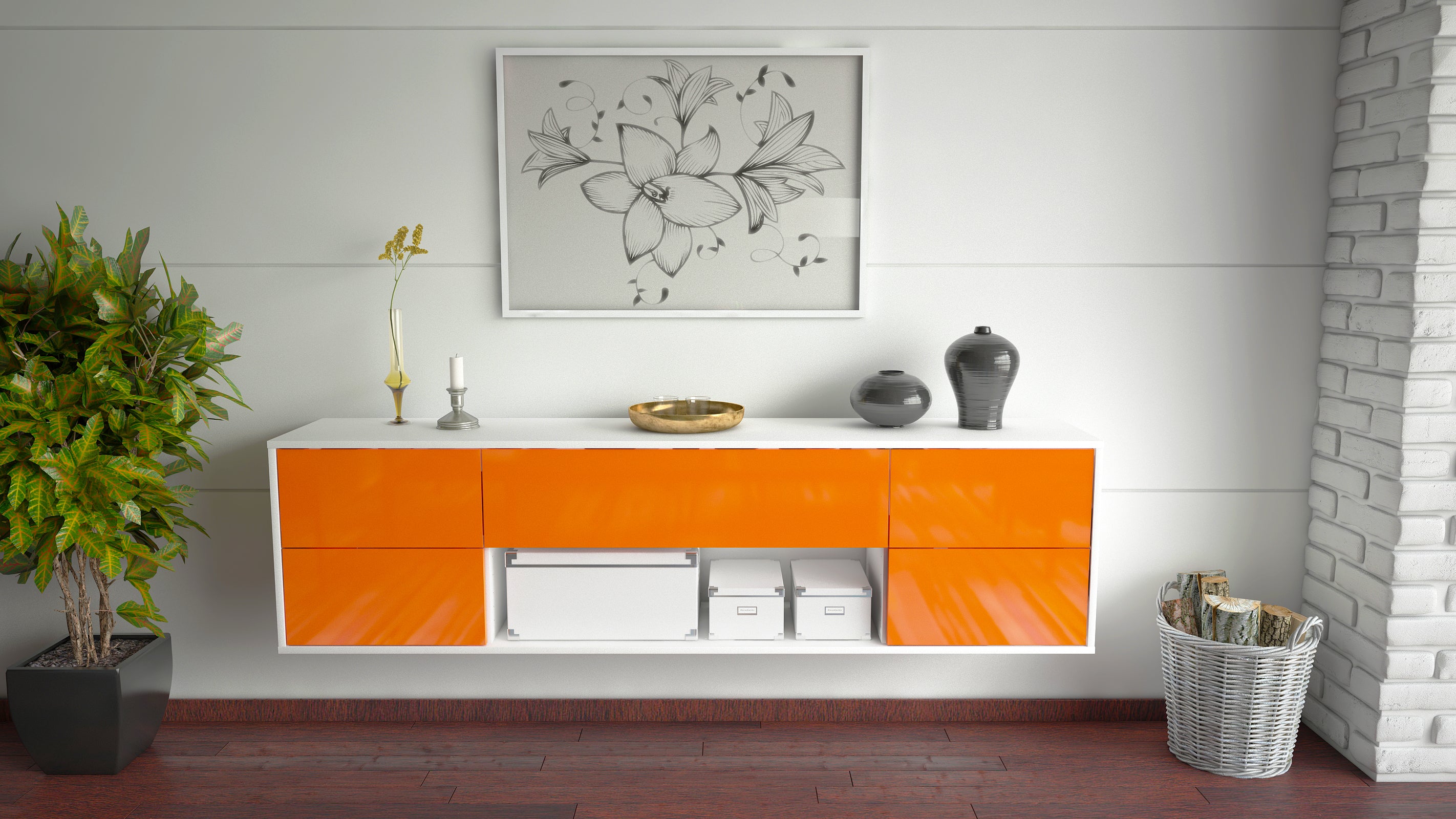 Lowboard - Babetta - Design Hochglanz - Wandmontage mit Push to Open 180 cm Weiss
